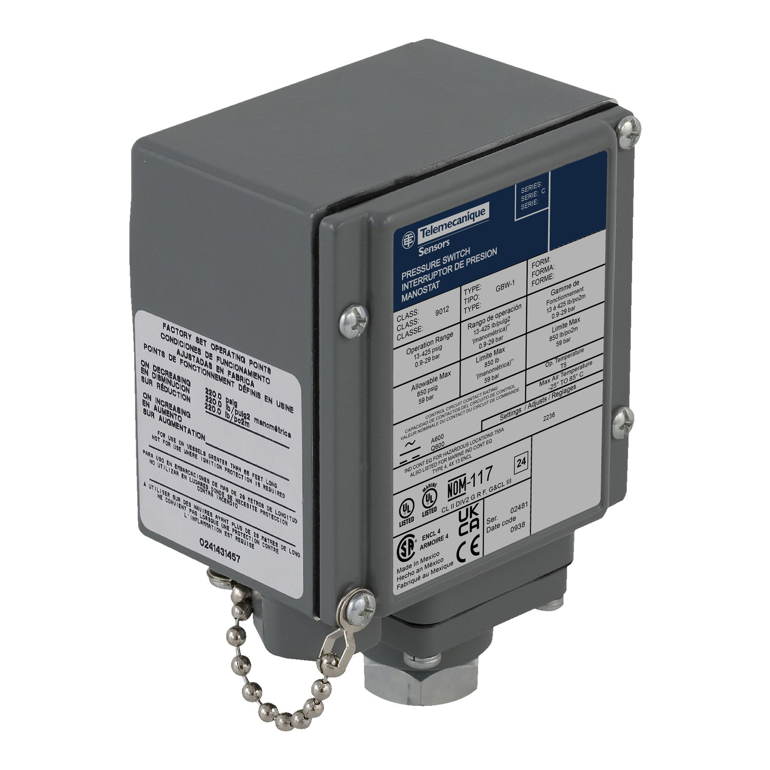 Pressure switch 9012G, fixed scale, 1 threshold, 20 to 675 PSIG