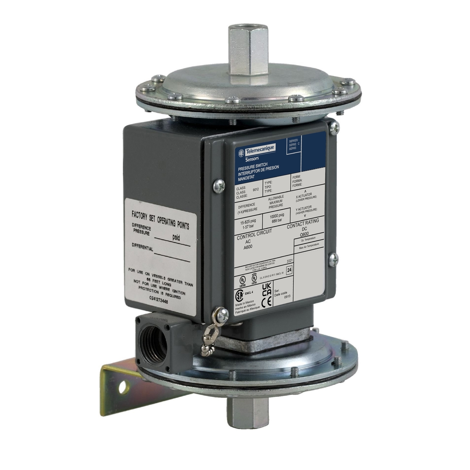 9012GGW21 Electro-Mechanical Low Pressure Switch, 0 to 75 psi Pressure, 0.8 to 2 psi Differential, 2NO-2NC DPDT-DB Contact, 1/4-18 NPTF/Screw Clamp Connection