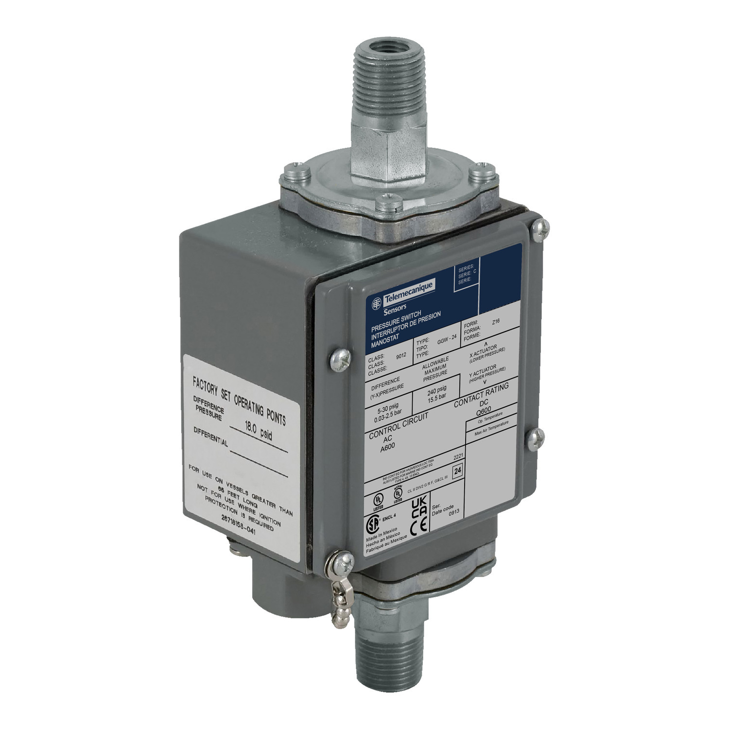 Pressure switch, 9012G, dual stage, adjustable scale, 2 thresholds, 0 to 175PSIG