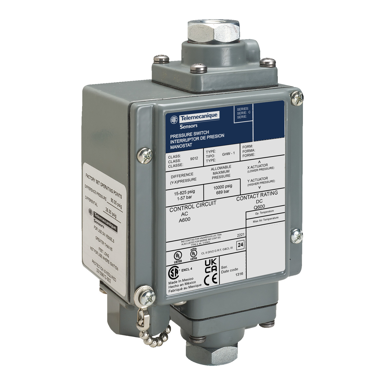 Pressure switch 9012G, adjustable scale, 2 thresholds, 0 to 500 PSIG