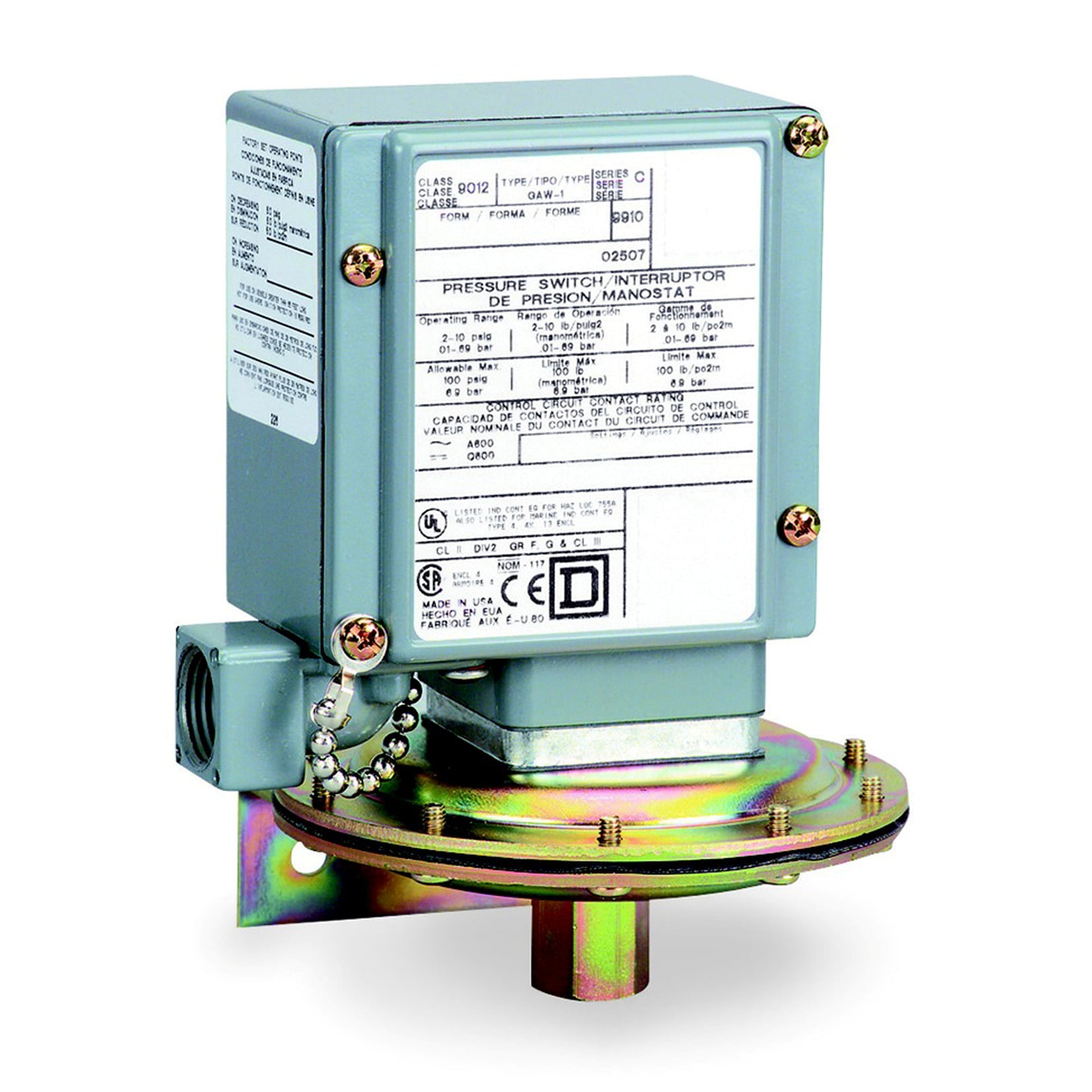 9012GKW1 Dual Stage Low Pressure Electromechanical Pressure Switch, 0.2 to 10 psi Pressure, 1 psi Differential, 1CO 2SPDT-DB Contact, Screw Clamp Connection