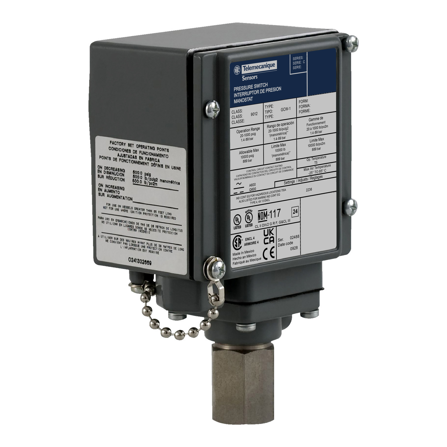 Pressure switch 9012G, fixed scale, 2 thresholds, 170 to 5600 PSIG