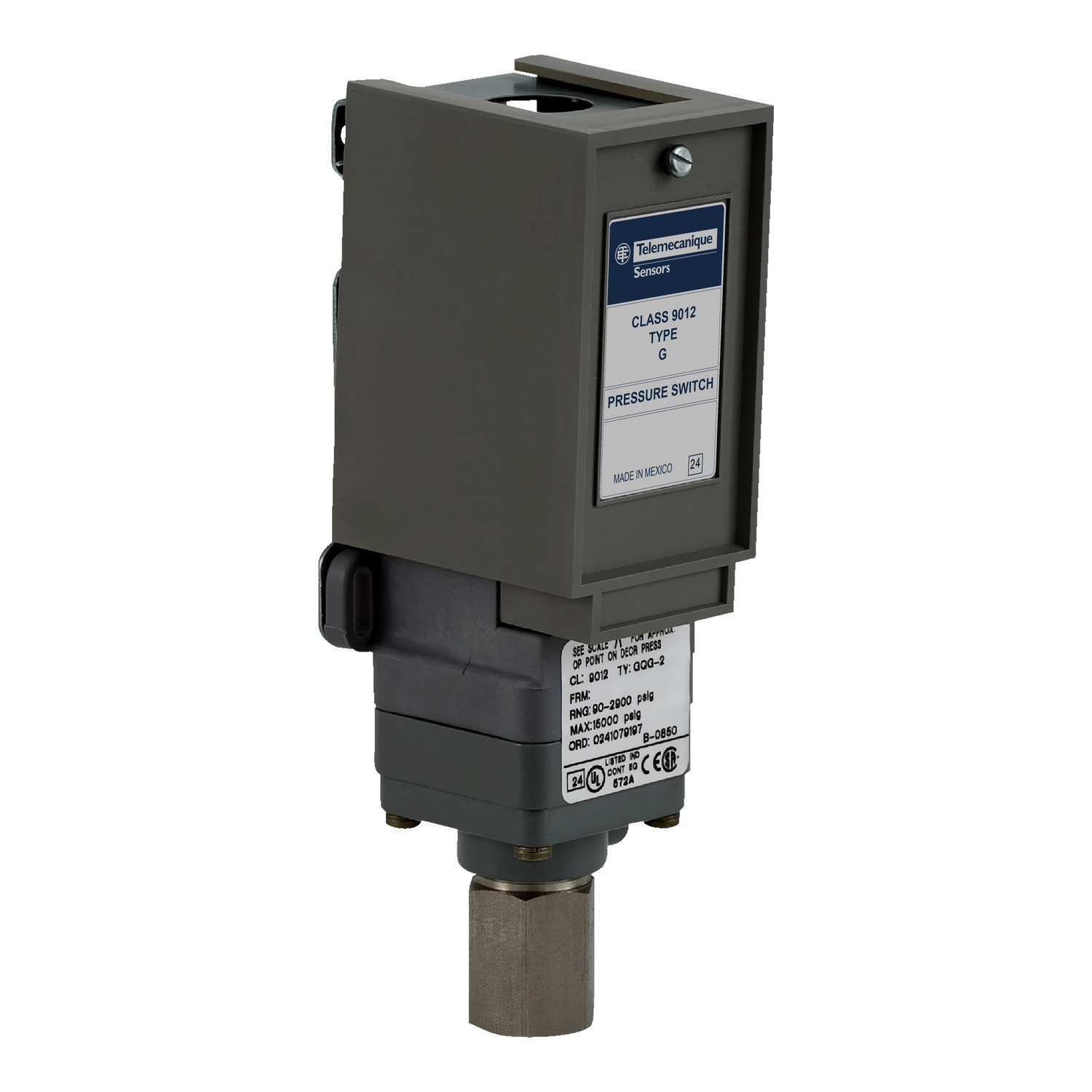 9012GNG3 Electromechanical Single Stage Pressure Switch, 1 to 40 psi Pressure, 1.2 to 6 psi Differential, 1NO-1NC Contact, NPT Conduit/Screw Clamp Connection, 10 A at 480 V AC Contact