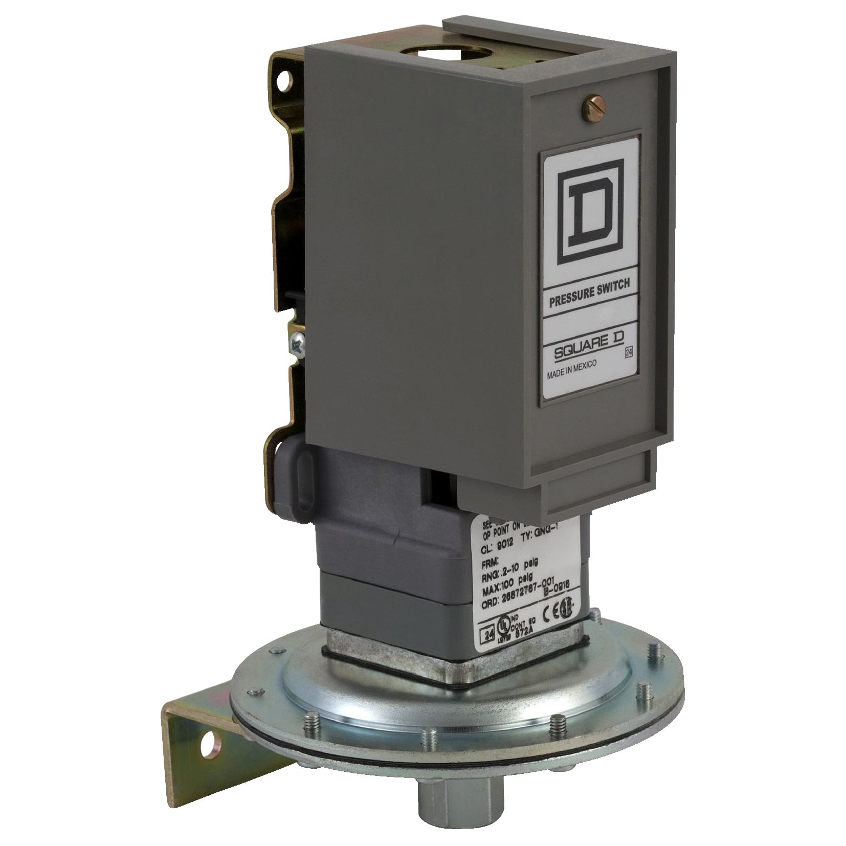 9012GRG1 Single Stage Low Pressure Electromechanical Pressure Switch, 0.2 to 10 psi Pressure, 0.4 psi Differential, 1CO SPDT Contact, Screw Clamp Connection