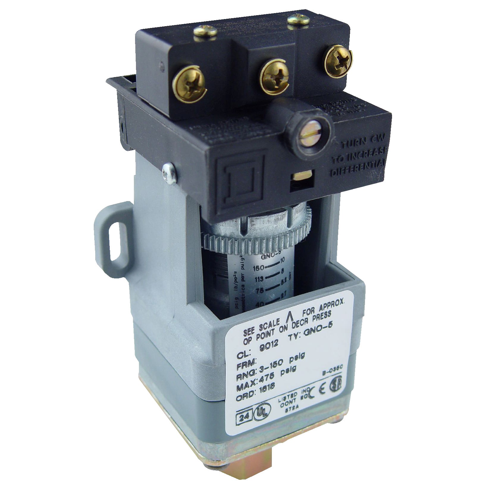 9012GRO3 1-Stage Low Pressure Electromechanical Pressure Switch, 1 to 40 psi Pressure, 1.2 psi Differential, 1CO SPDT Contact, Screw Clamp Connection