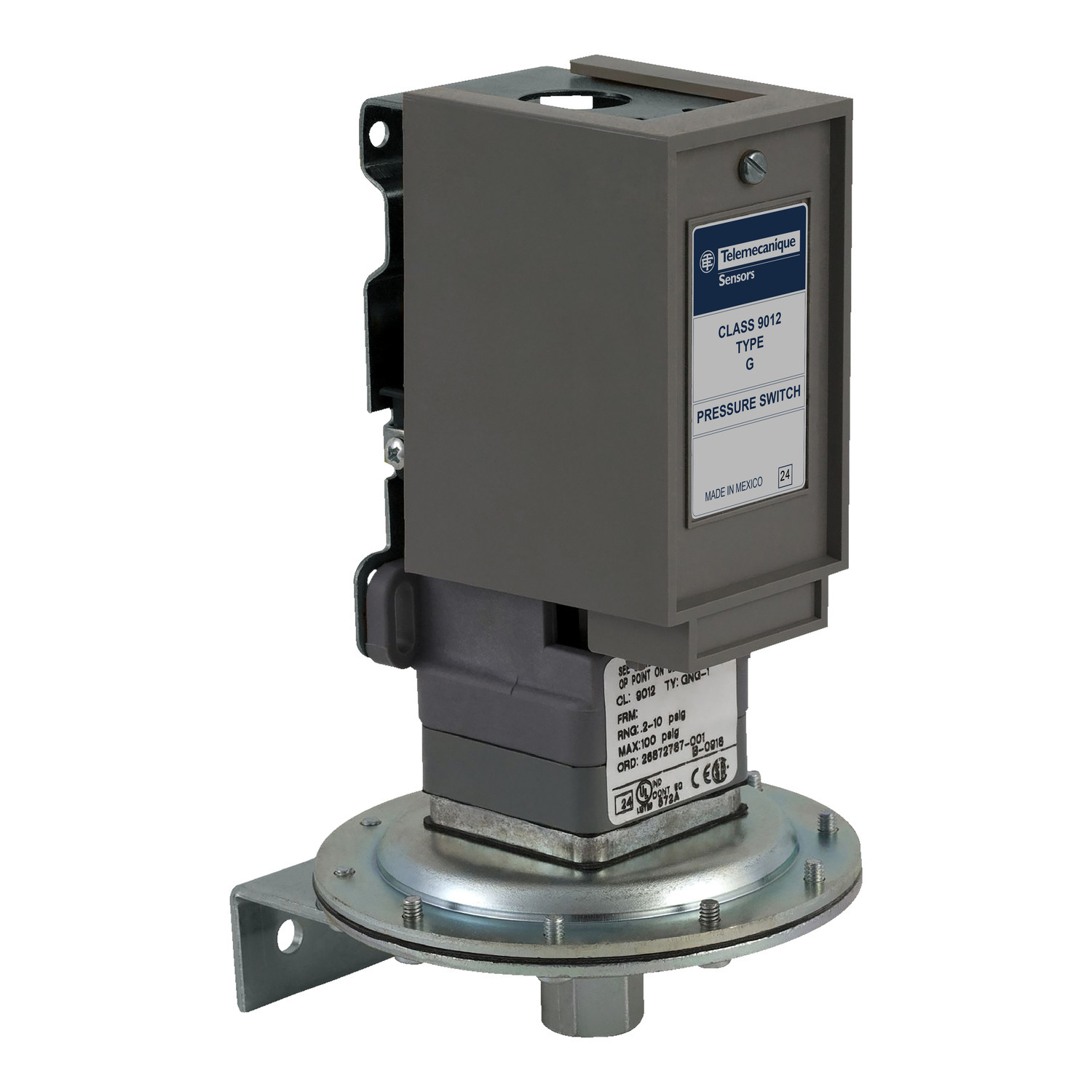 9012GTG1 1-Stage Electromechanical Pressure Switch, 20 to 1000 psi Pressure, 49 psi Differential, 1CO SPDT Contact, Screw Clamp Connection