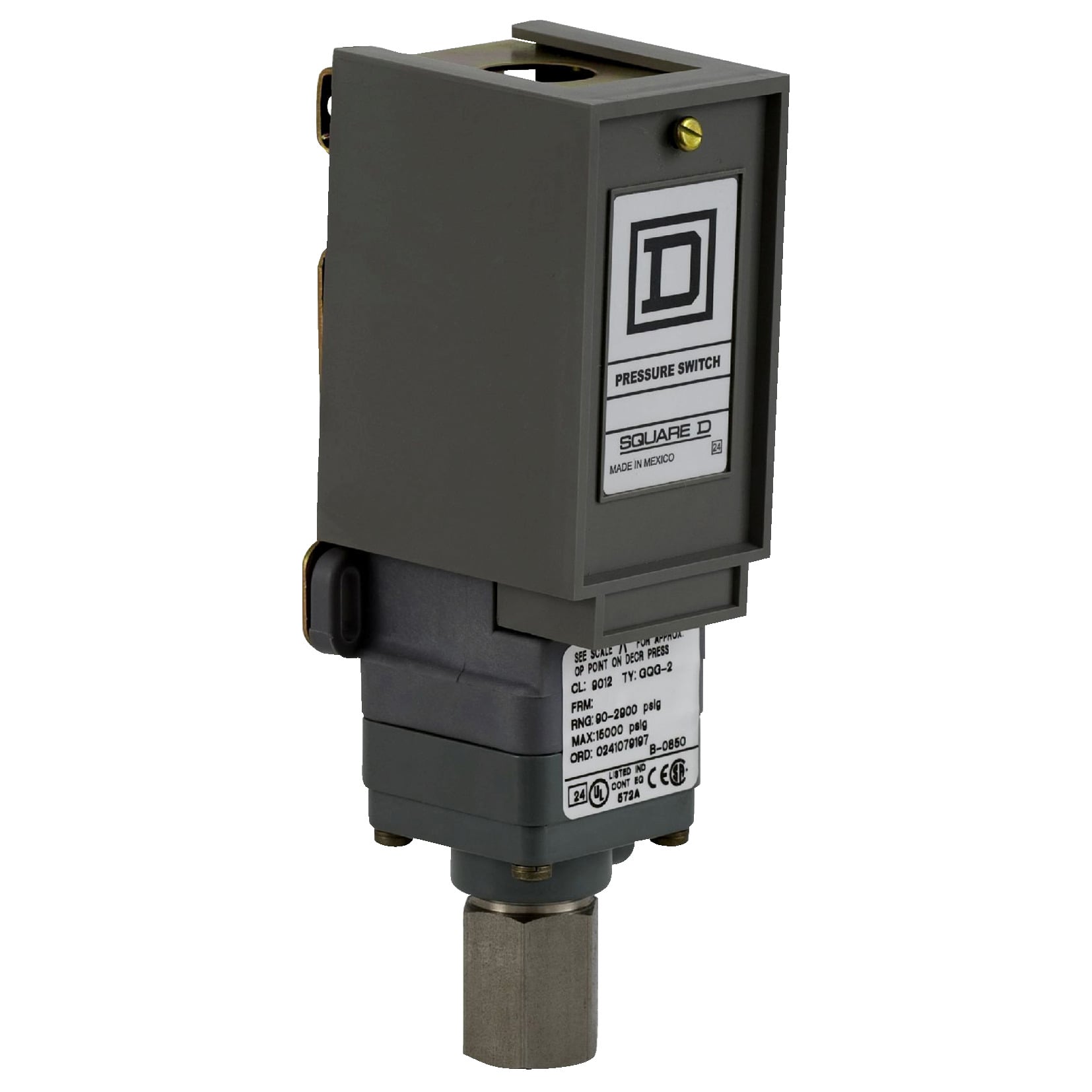 9012GTG2 Single Stage Electromechanical Pressure Switch, 90 to 2900 psi Pressure, 141 psi Differential, 1CO SPDT Contact, Screw Clamp Connection