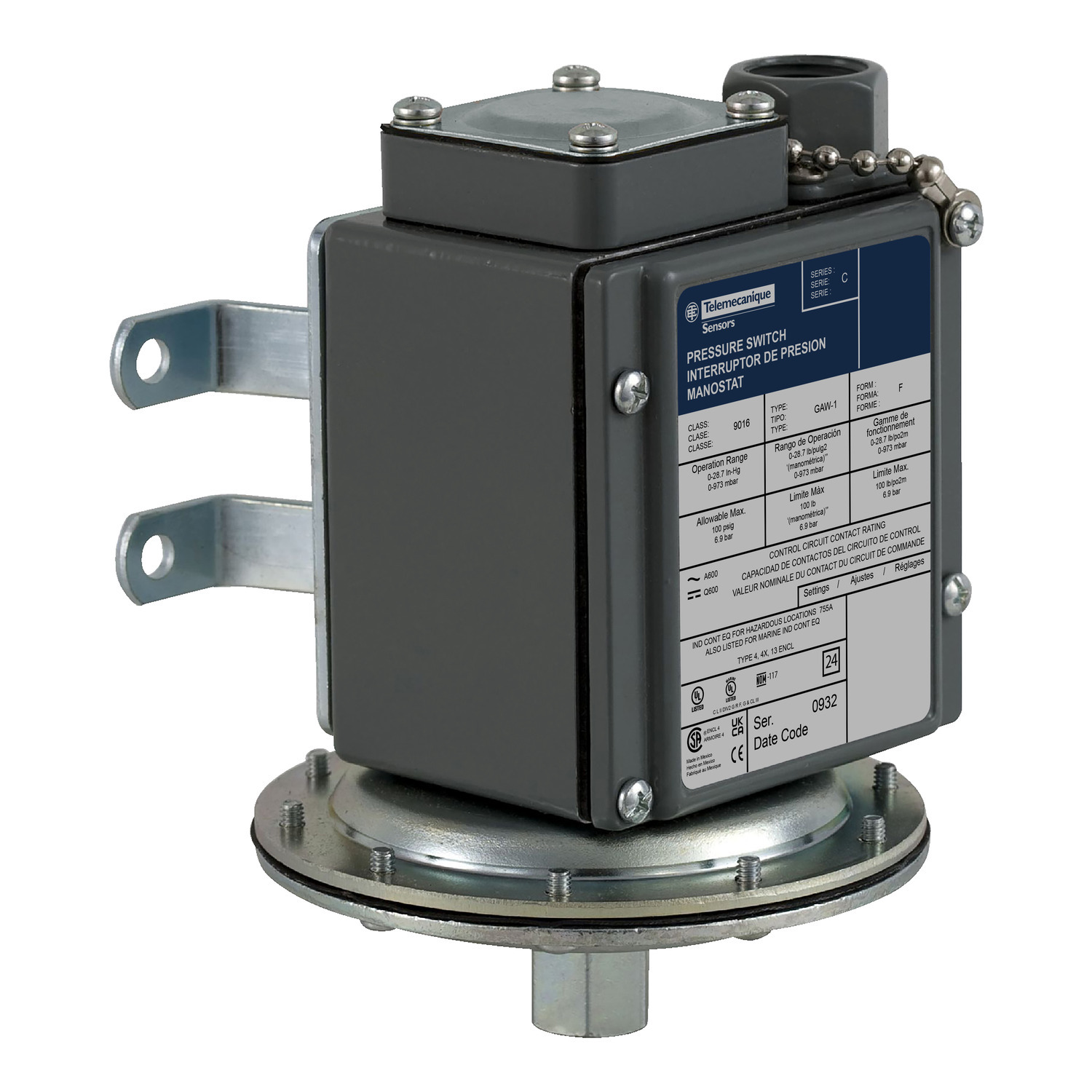 Electromechanical vacuum switch, 9016G, 9016 g, adjustable scale, 2 thresholds, Set 0 to 28.7 InHg
