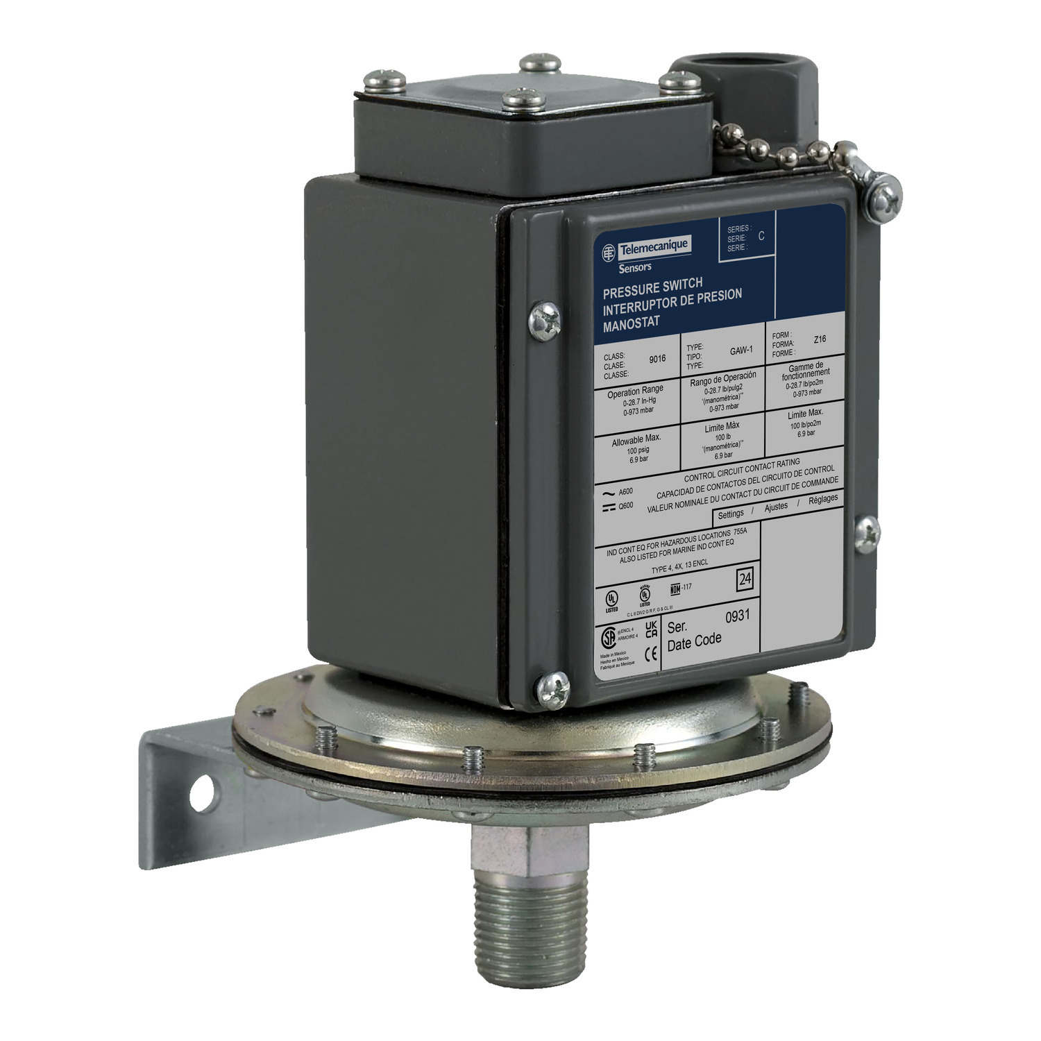 Vacuum switch, 9016G, electromechanical,  adjustable scale, 2 thresholds, Set 0 to 28.7InHg