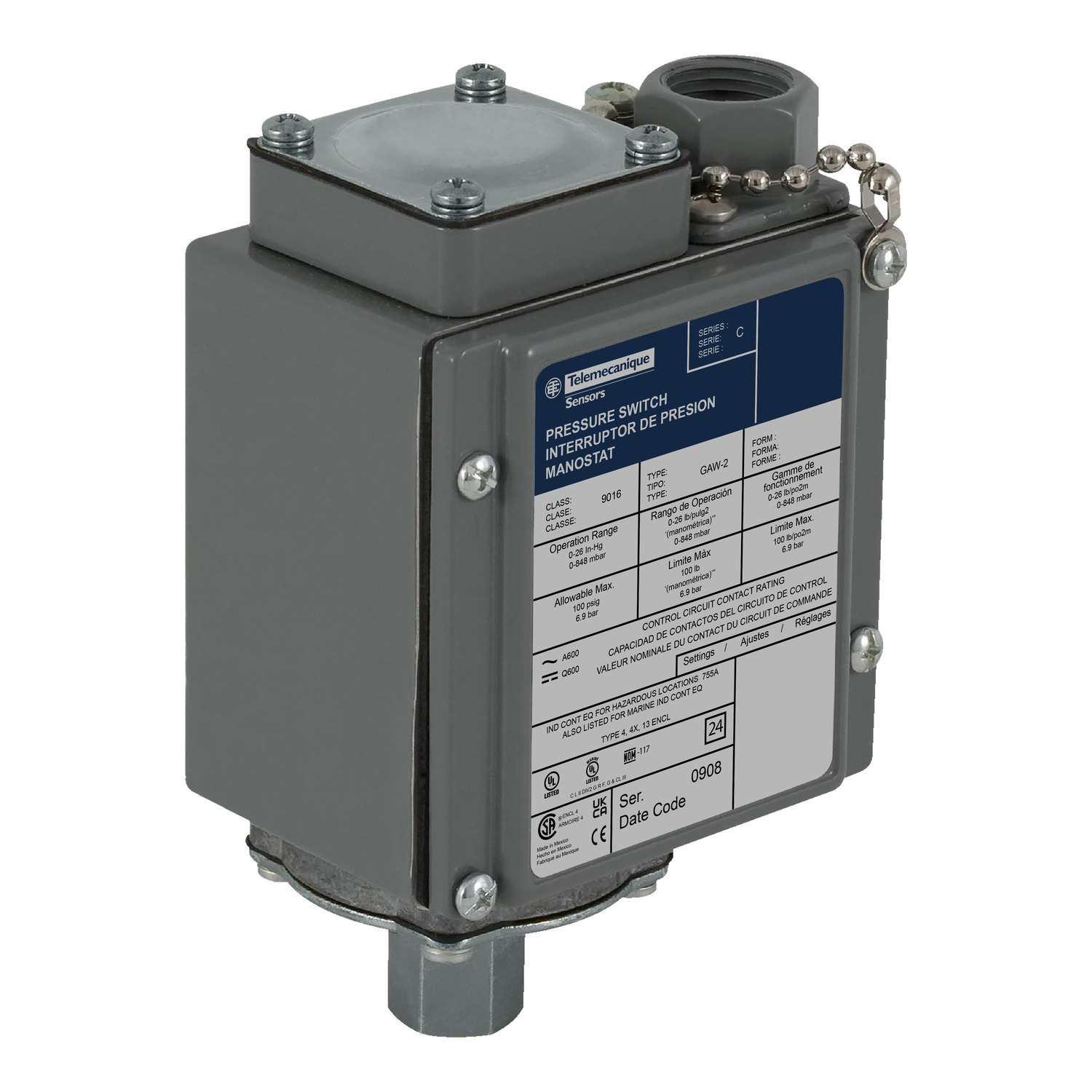 Electromechanical vacuum switch, 9016G, adjustable scale, 2 thresholds, Set 0 to 25 InHg
