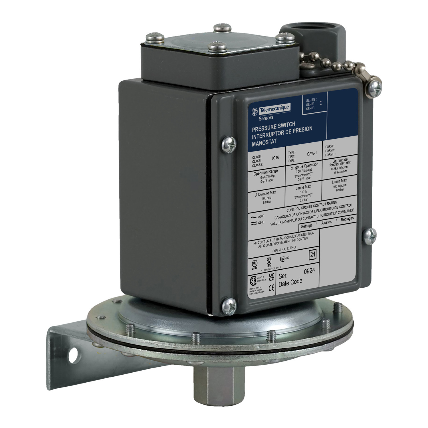 9016GAW21 Electromechanical Vacuum Switch, 0 to 28.3 in, 100 psi Response, 2NO-2NC Contacts Output, 480 V AC