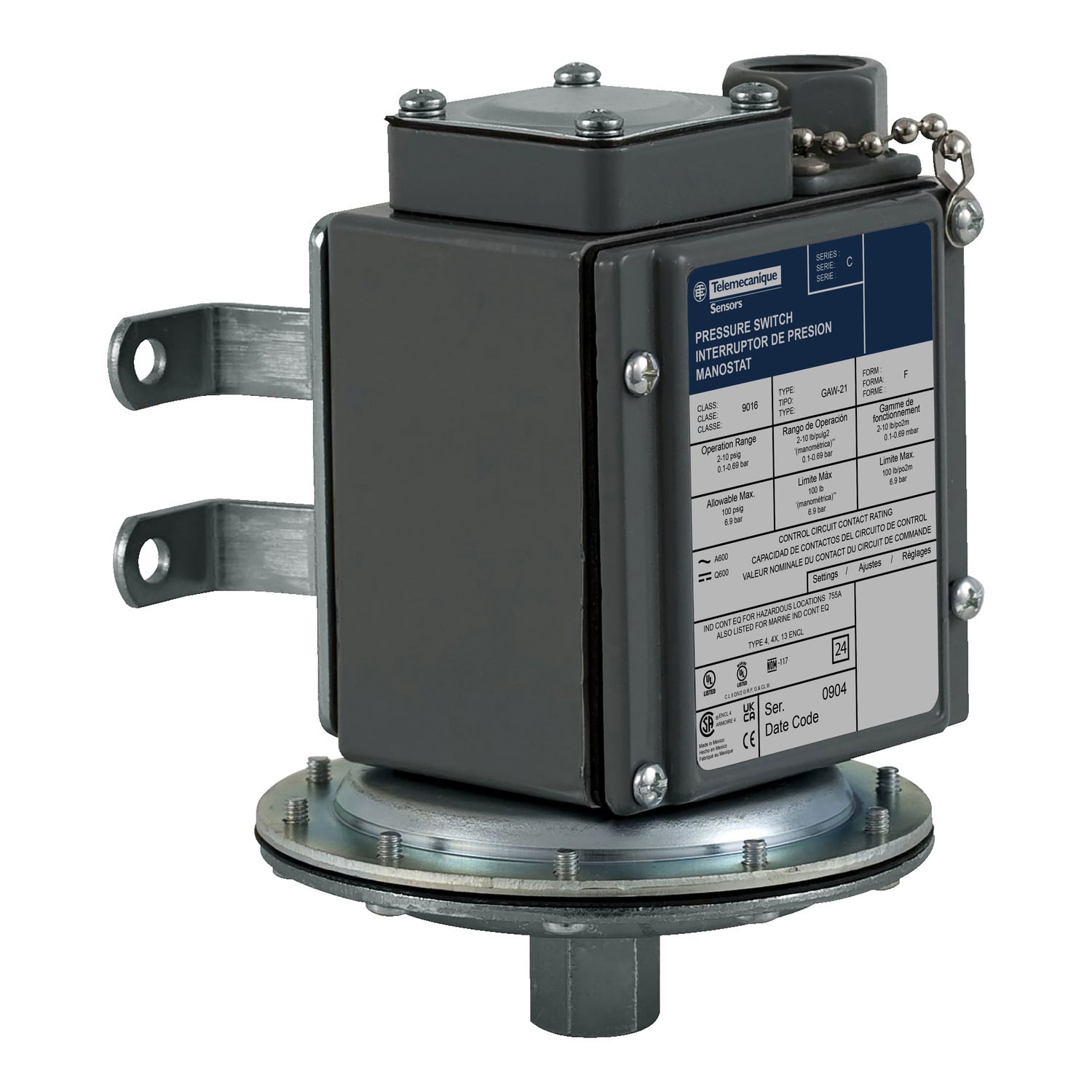 Electromechanical vacuum switch, 9016G, 9016 g, adjustable scale, 2 thresholds, Set 0 to 23.8 InHg