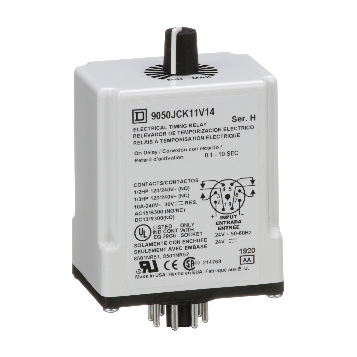 9050JCK11V14 Type JCK Class 9050 Electronic Adjustable Time Timing Relay, 0.1 to 10 s Setting, 240 V AC, 8 Pin, 2NO-2NC 2 Form C DPDT Contact