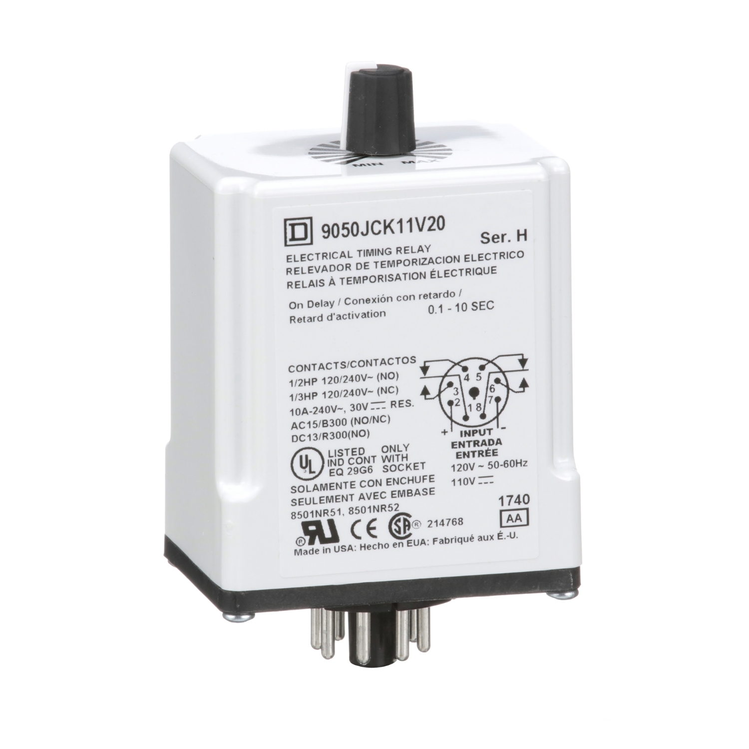 9050JCK11V20 Type JCK Adjustable Time Timing Relay, 0.1 to 10 s Setting, 240 V AC, 8 Pin, 2NO-2NC 2 Form C DPDT Contact