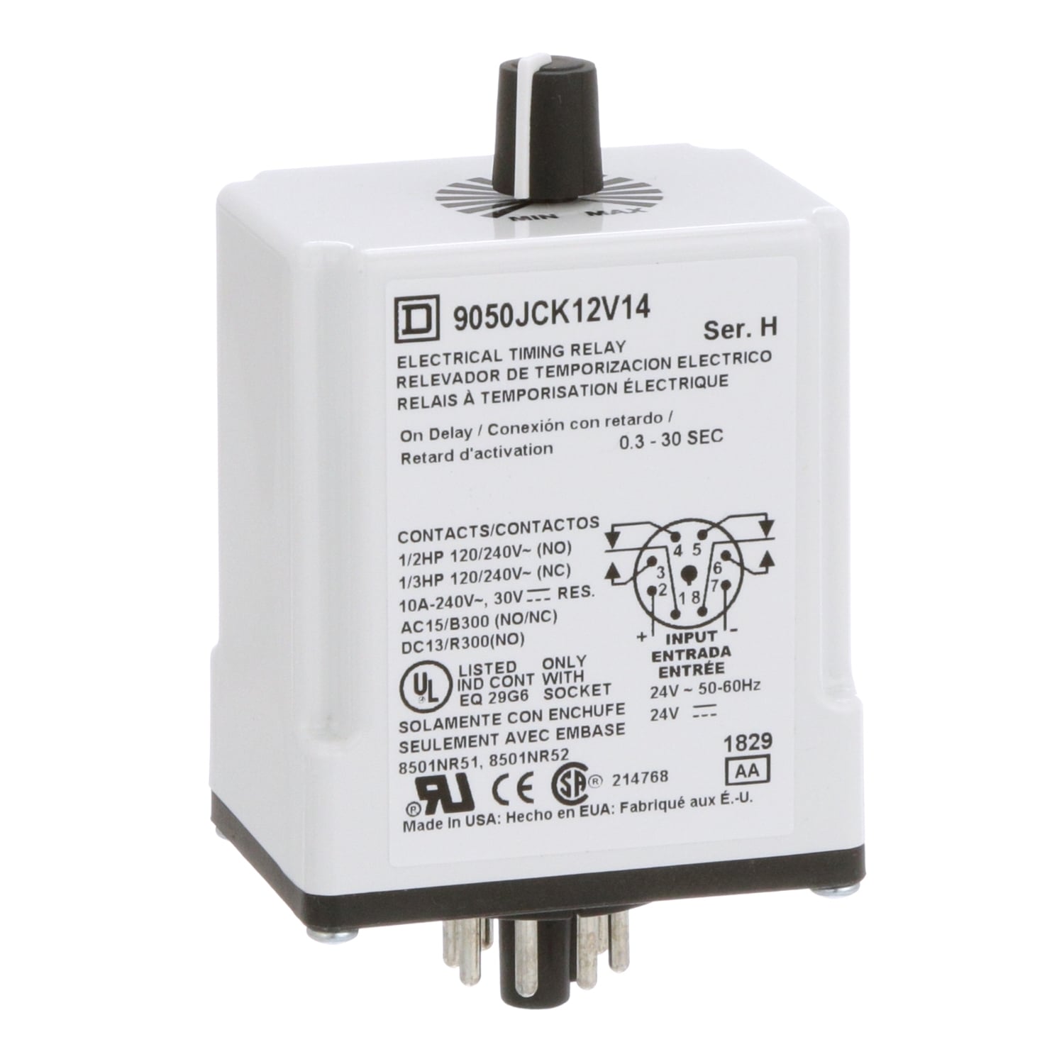 9050JCK12V14 Type JCK Class 9050 Electronic Adjustable Time Timing Relay, 0.3 to 30 s Setting, 240 V AC, 8 Pin, 2NO-2NC 2 Form C DPDT Contact