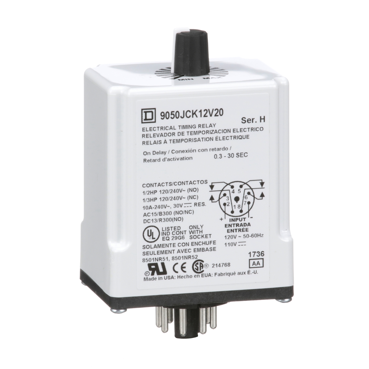 9050JCK12V20 Type JCK Adjustable Time Timing Relay, 0.3 to 30 s Setting, 240 V AC, 8 Pin, 2NO-2NC 2 Form C DPDT Contact