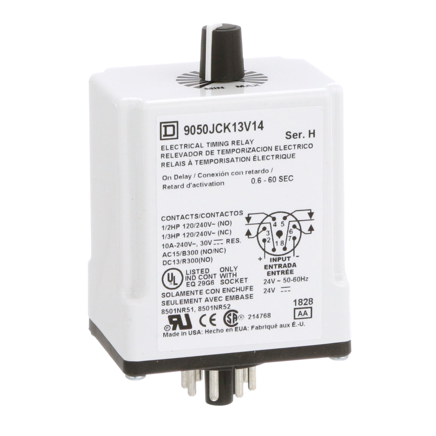 9050JCK13V14 9050CJK Type JCK Timer Relay, 0.6 to 60 s Setting, 240 V AC, 8 Pin, 2NO-2NC 2 Form C DPDT Contact