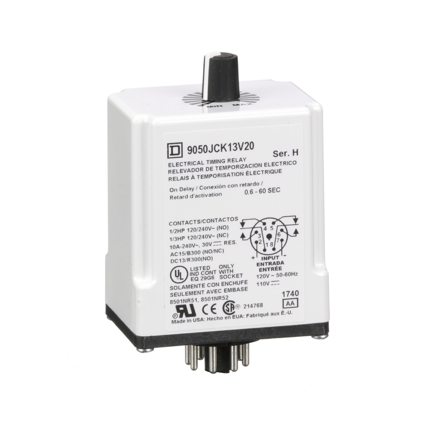 9050JCK13V20 Type JCK Adjustable Time Timing Relay, 0.6 to 60 s Setting, 240 V AC, 8 Pin, 2NO-2NC 2 Form C DPDT Contact