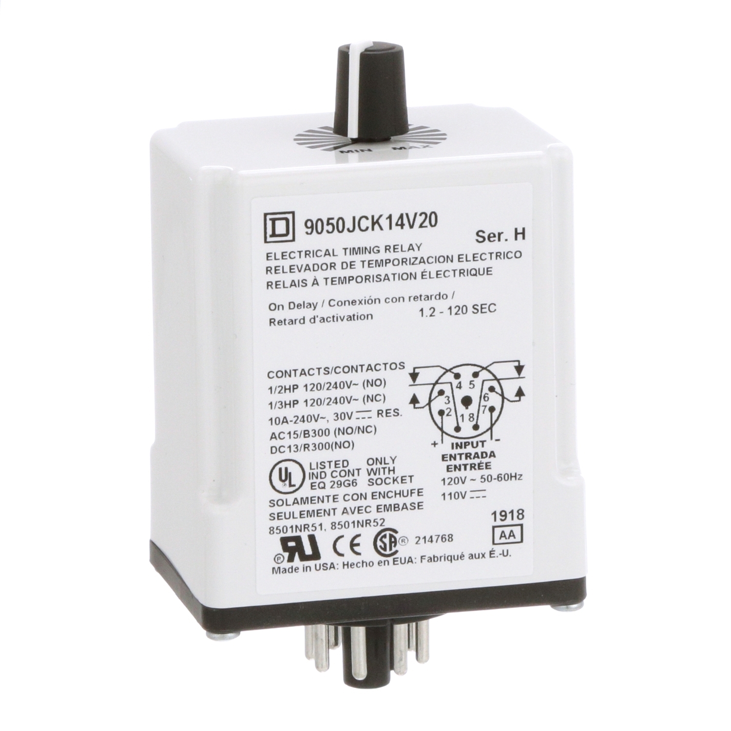 9050JCK14V20 Type JCK Adjustable Time Timing Relay, 1.2 to 120 s Setting, 240 V AC, 8 Pin, 2NO-2NC 2 Form C DPDT Contact