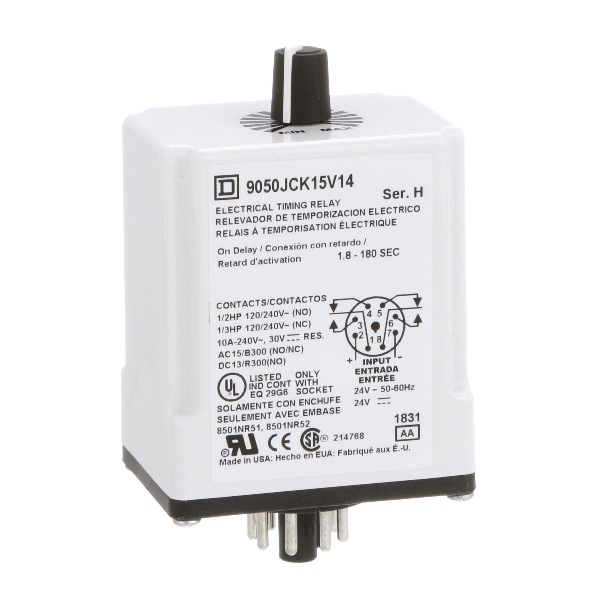 9050JCK15V14 9050CJK Type JCK Timer Relay, 1.8 to 180 s Setting, 240 V AC, 8 Pin, 2NO-2NC 2 Form C DPDT Contact