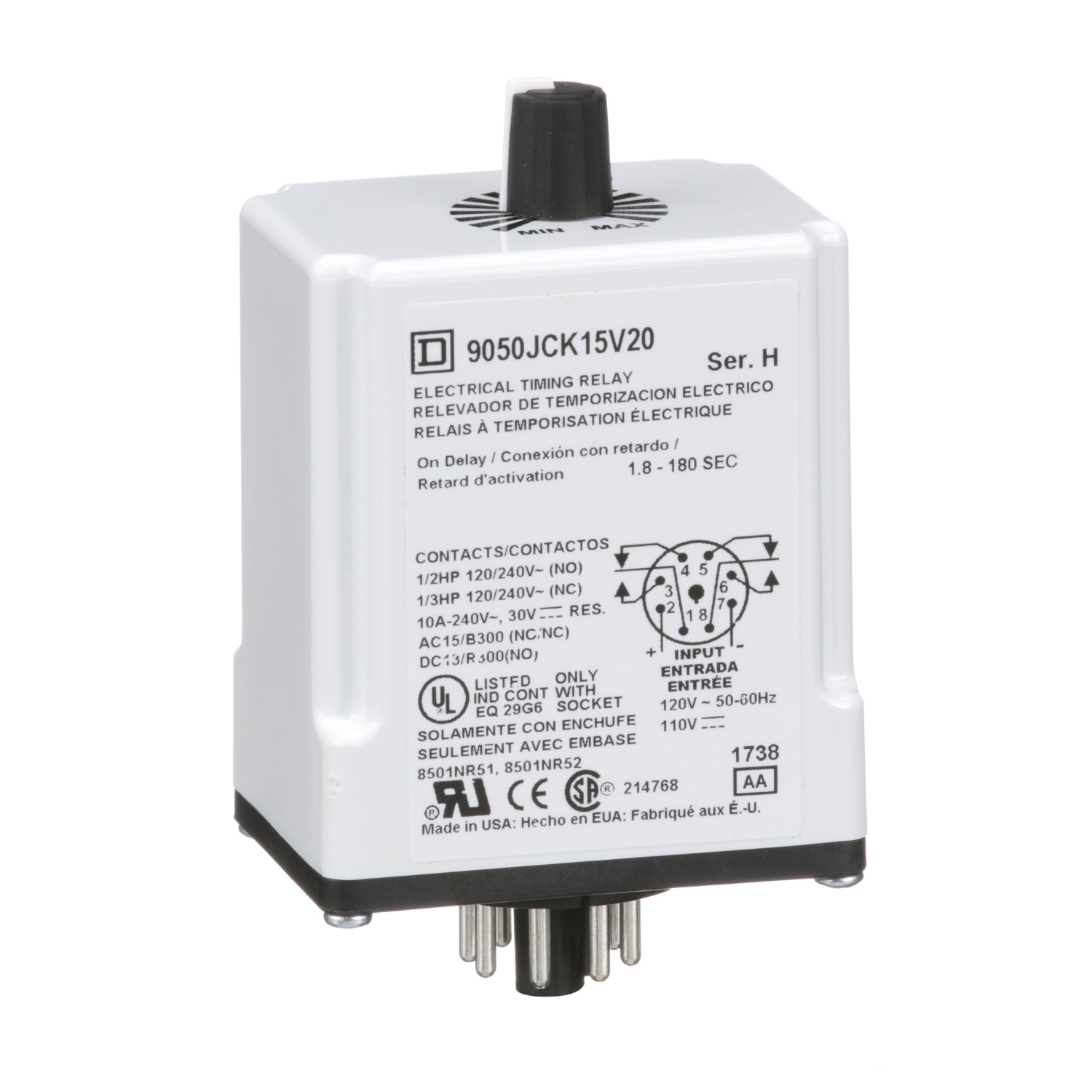 9050JCK15V20 Type JCK Adjustable Time Timing Relay, 1.8 to 180 s Setting, 240 V AC, 8 Pin, 2NO-2NC 2 Form C DPDT Contact