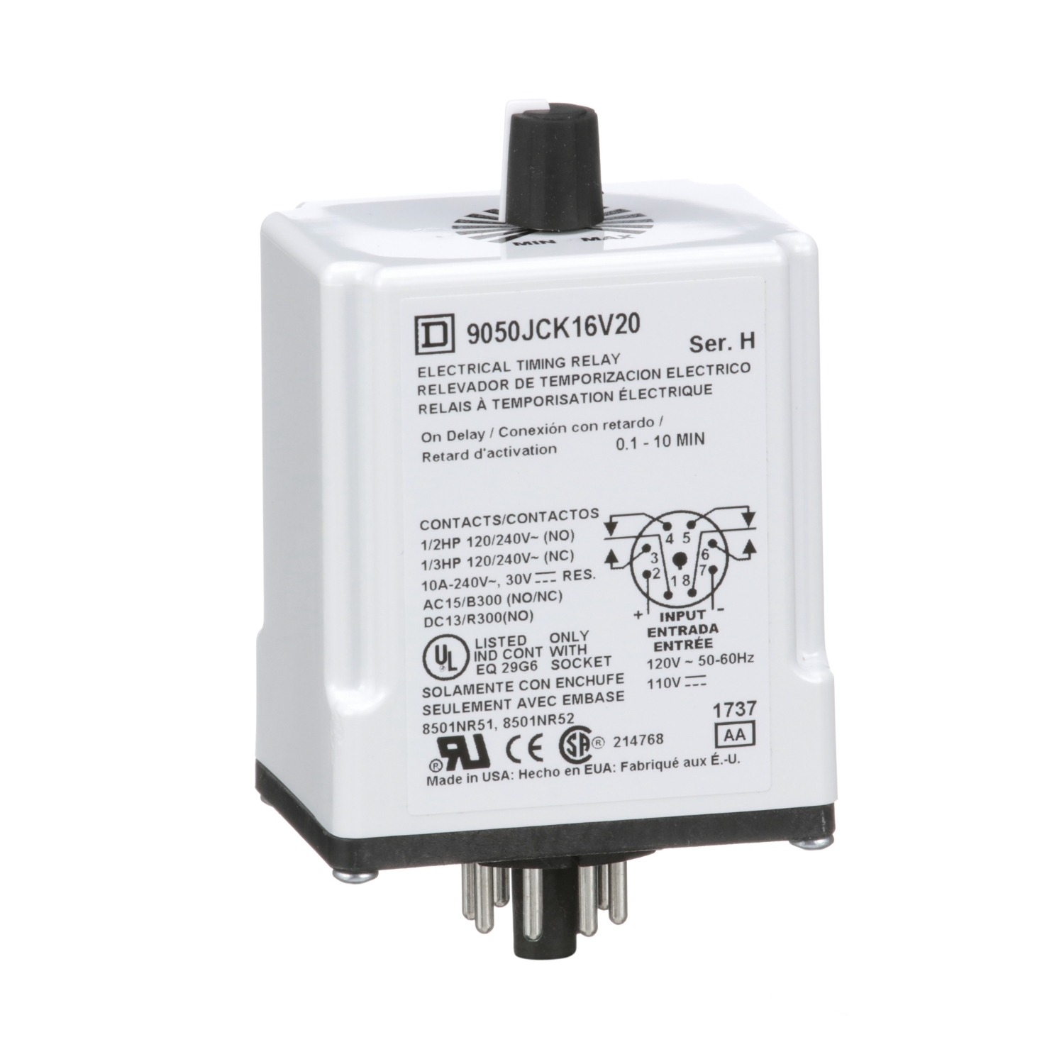 9050JCK16V20 Type JCK Adjustable Time Timing Relay, 0.1 to 10 min Setting, 240 V AC, 8 Pin, 2NO-2NC 2 Form C DPDT Contact