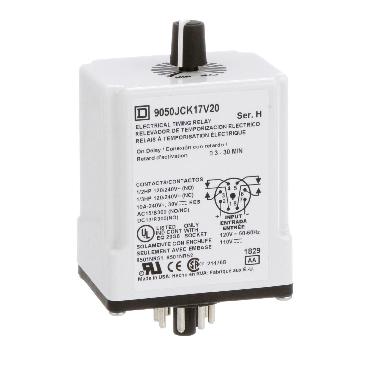 9050JCK17V20 Type JCK Class 9050 Electronic Adjustable Time Timing Relay, 0.3 to 30 min Setting, 240 V AC, 8 Pin, 2NO-2NC 2 Form C DPDT Contact