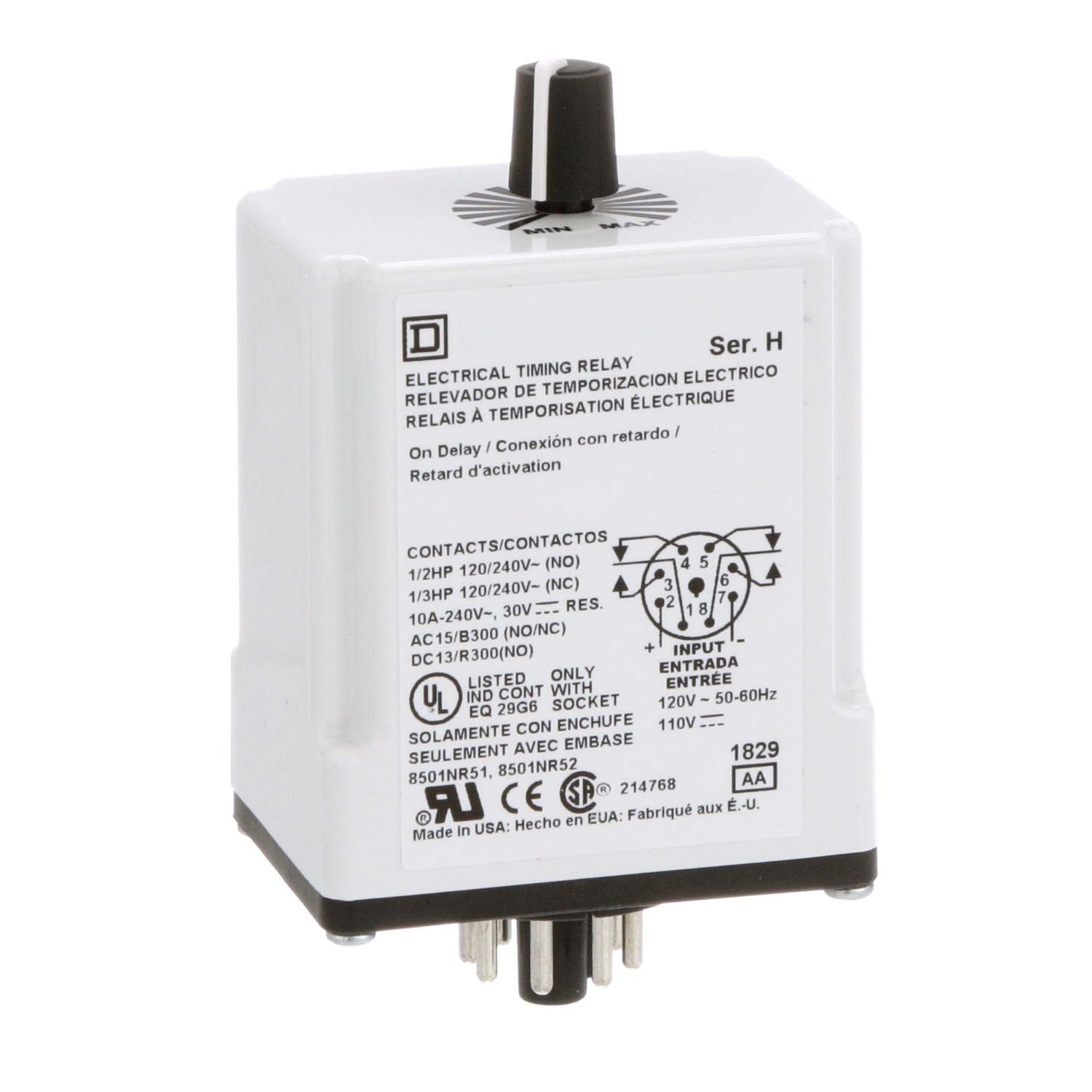 9050JCK18V20 Type JCK Adjustable Time Timer Relay, 0.6 to 60 min Setting, 240 V AC, 8 Pin, 2NO-2NC 2 Form C DPDT Contact
