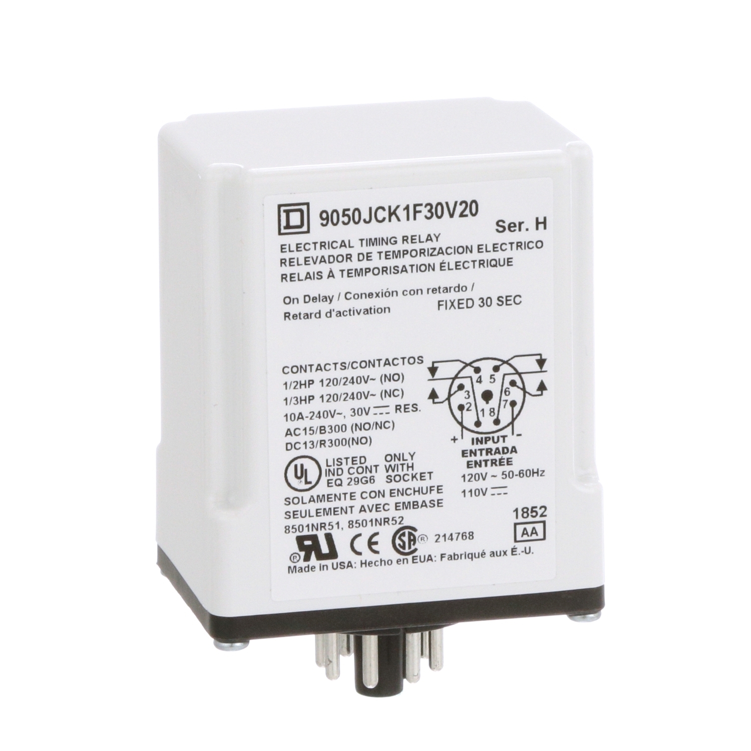 9050JCK1F30V20 Type JCK Timing Relay, 30 s Setting, 240 V AC, 8 Pin, 2NO-2NC 2 Form C DPDT Contact