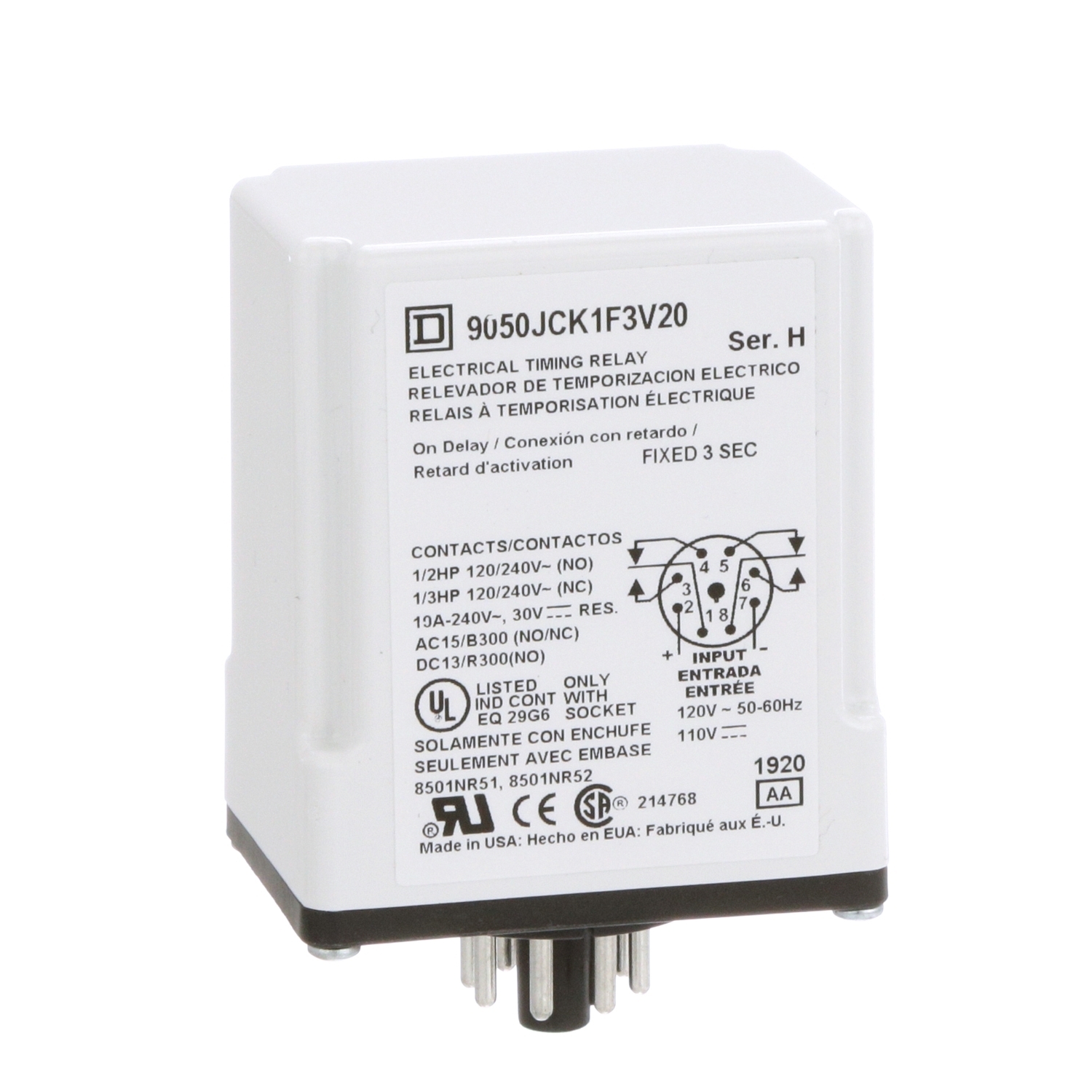 9050JCK1F3V20 Type JCK Timing Relay, 3 s Setting, 240 V AC, 8 Pin, 2NO-2NC 2 Form C DPDT Contact