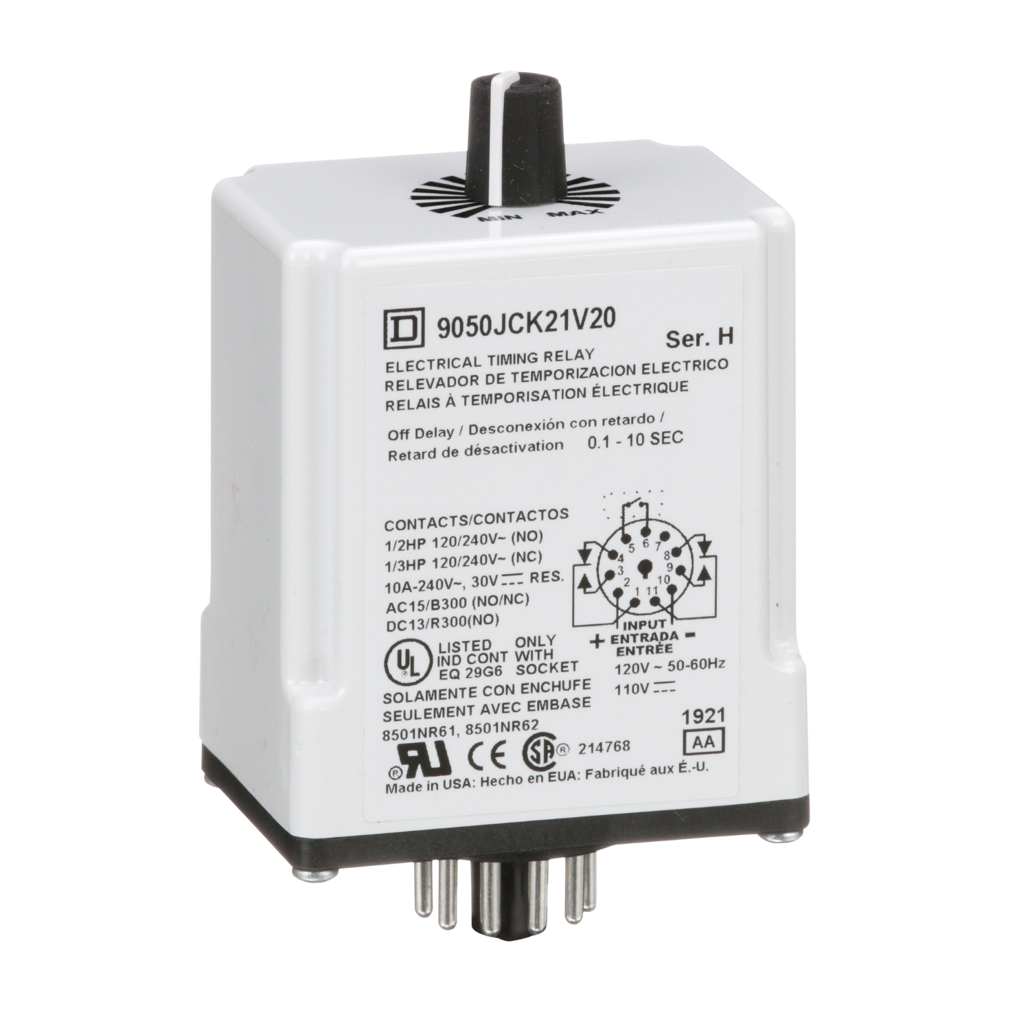 9050JCK21V20 Type JCK Adjustable Time Timing Relay, 0.1 to 10 s Setting, 240 V AC, 11 Pin, 2NO-2NC 2 Form C DPDT Contact