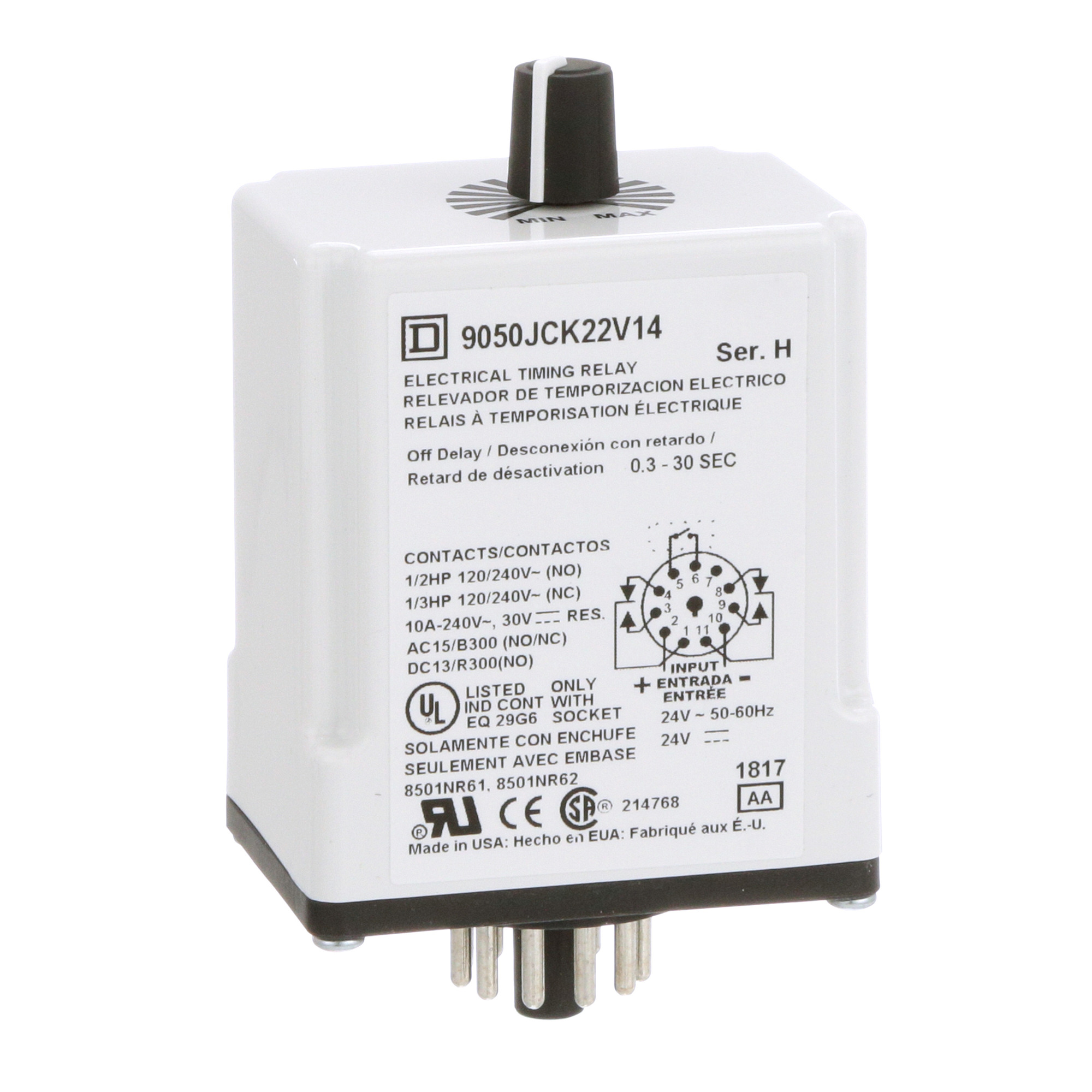 9050JCK22V14 9050CJK Type JCK Timer Relay, 0.3 to 30 s Setting, 240 V AC, 11 Pin, 2NO-2NC 2 Form C DPDT Contact