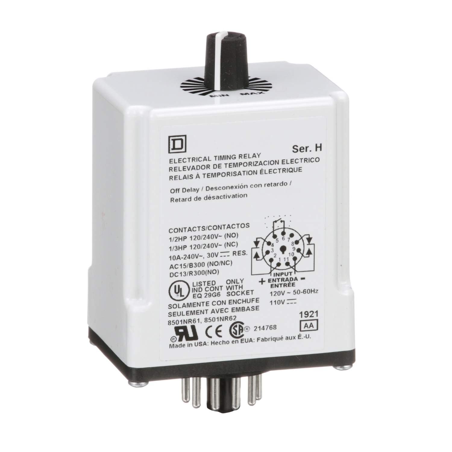 9050JCK22V20 Type JCK Class 9050 Electronic Adjustable Time Timing Relay, 0.3 to 30 s Setting, 240 V AC, 11 Pin, 2NO-2NC 2 Form C DPDT Contact