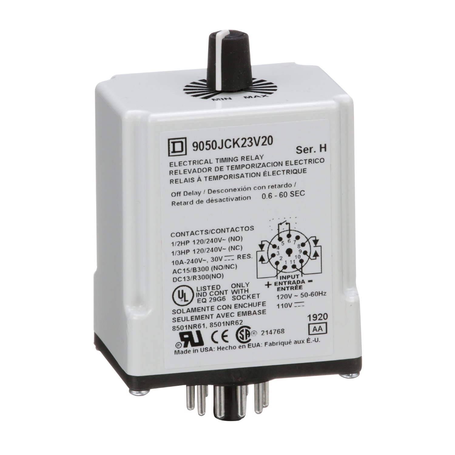 9050JCK23V20 Type JCK Class 9050 Electronic Adjustable Time Timing Relay, 0.6 to 60 s Setting, 240 V AC, 11 Pin, 2NO-2NC 2 Form C DPDT Contact