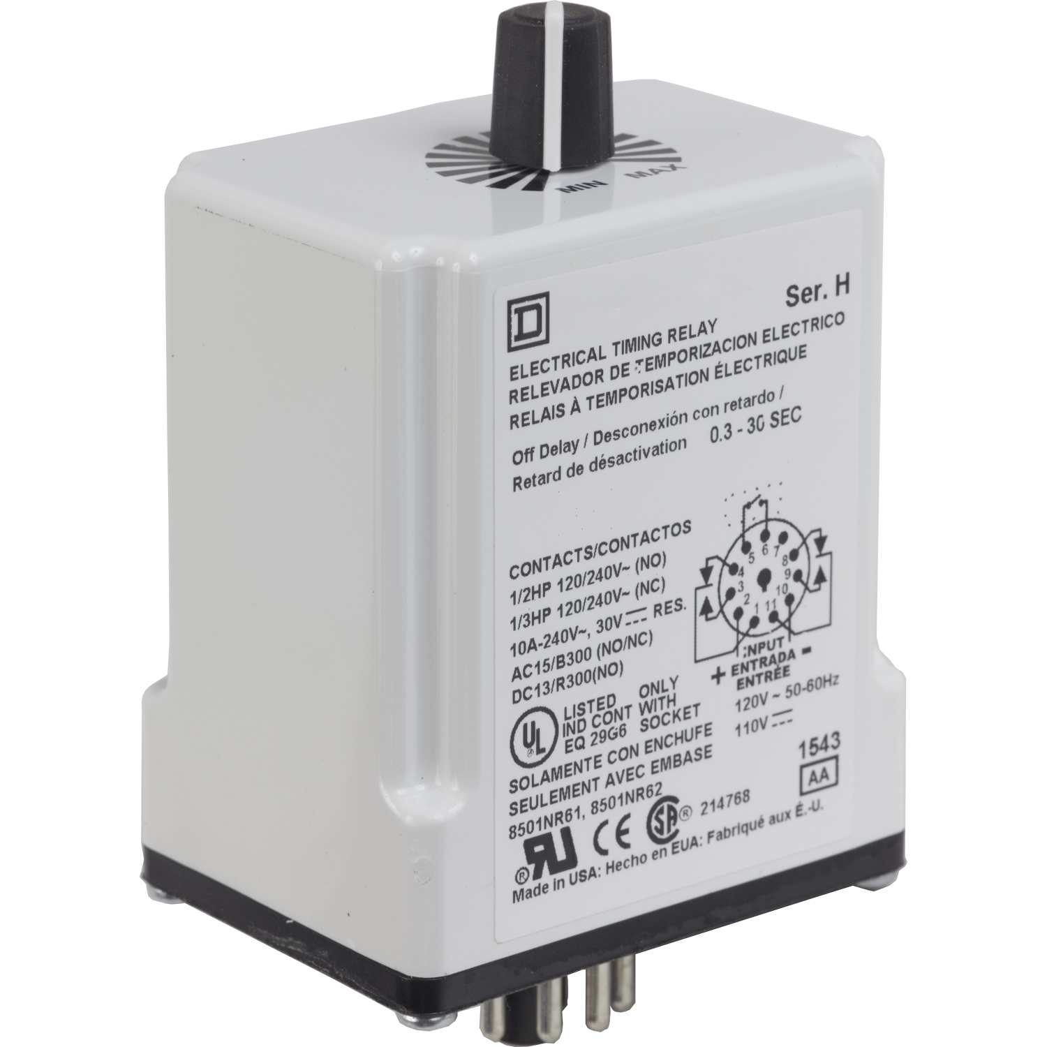 9050JCK24V20 Type JCK Timer Relay, 1.2 to 120 s Setting, 240 V AC, 11 Pin, 2NO-2NC 2 Form C DPDT Contact