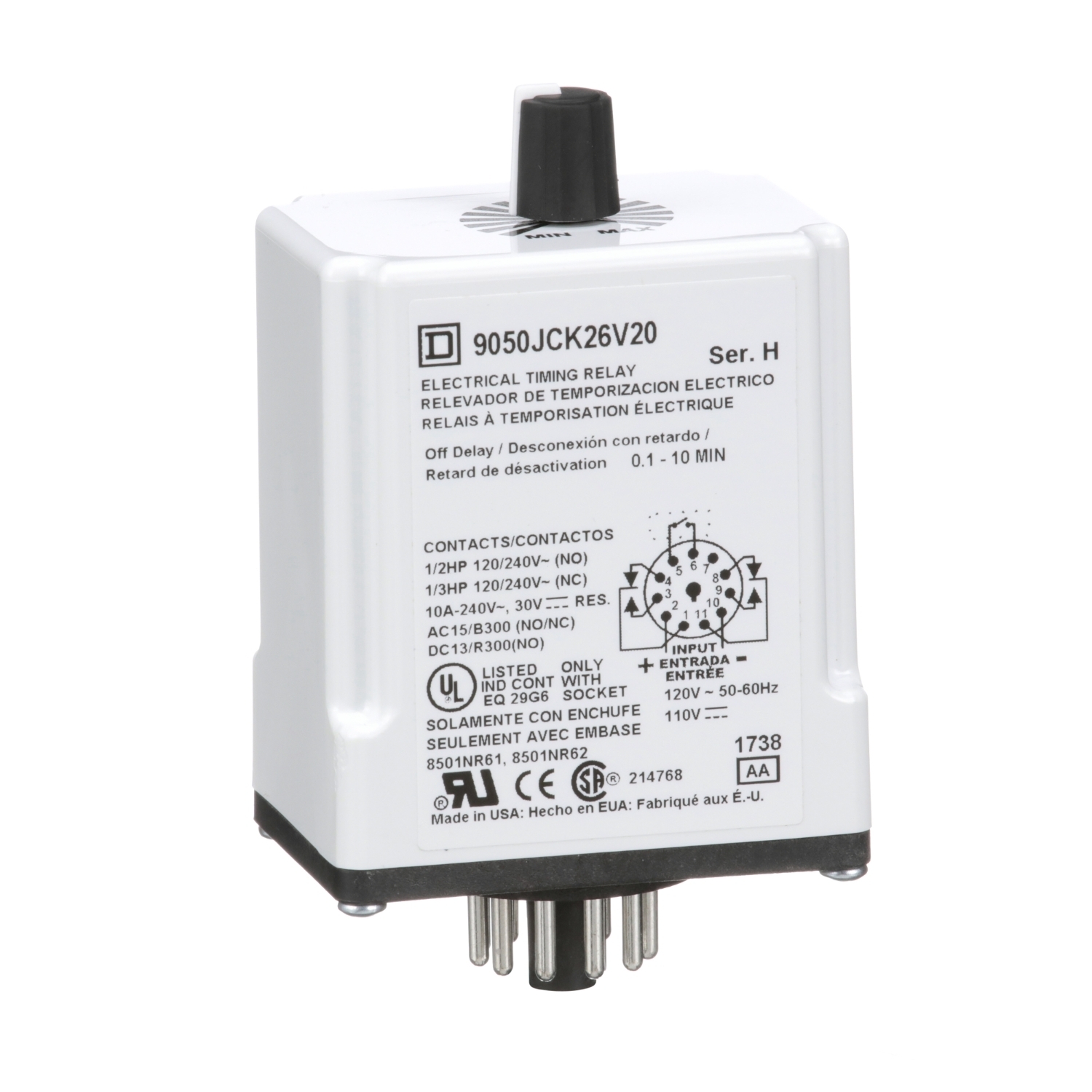 9050JCK26V20 Type JCK Adjustable Time Timing Relay, 0.1 to 10 min Setting, 240 V AC, 11 Pin, 2NO-2NC 2 Form C DPDT Contact