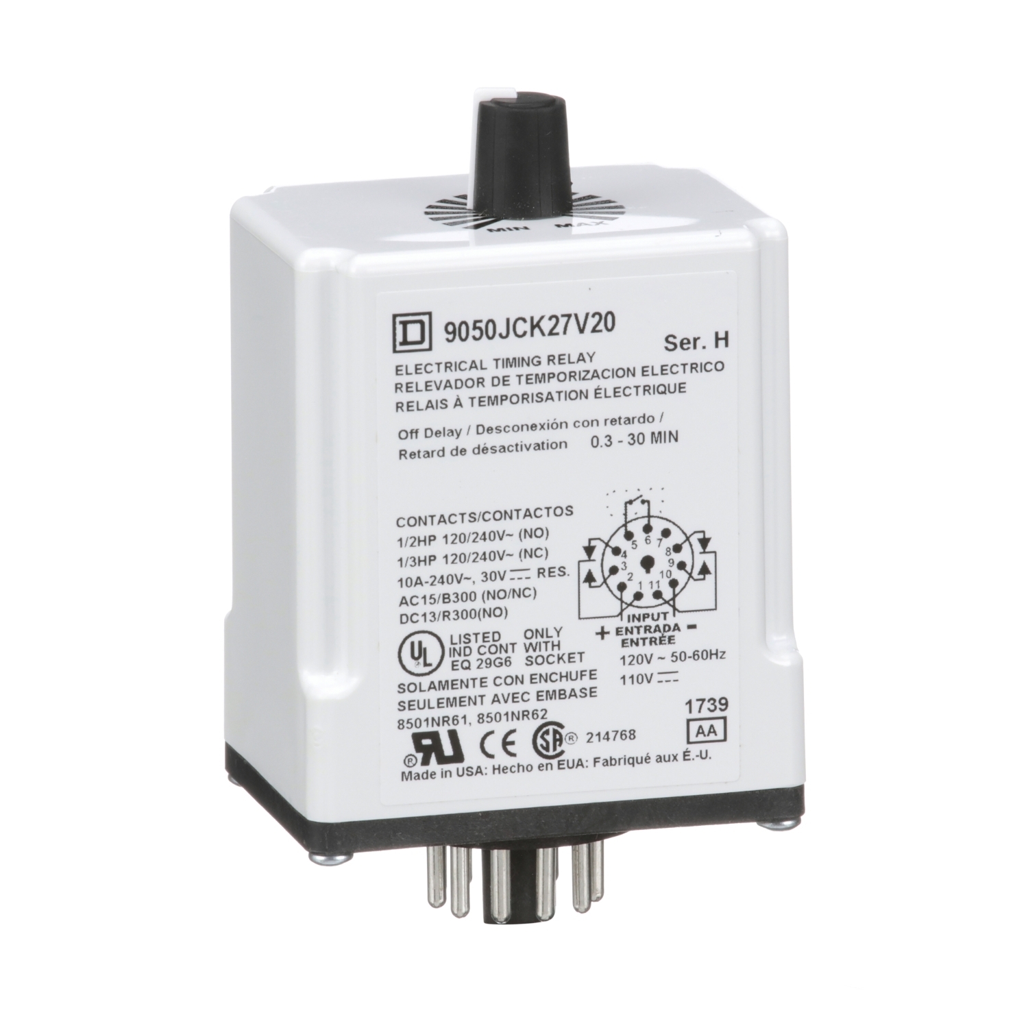 9050JCK27V20 Type JCK Adjustable Time Timing Relay, 0.3 to 30 min Setting, 240 V AC, 11 Pin, 2NO-2NC 2 Form C DPDT Contact