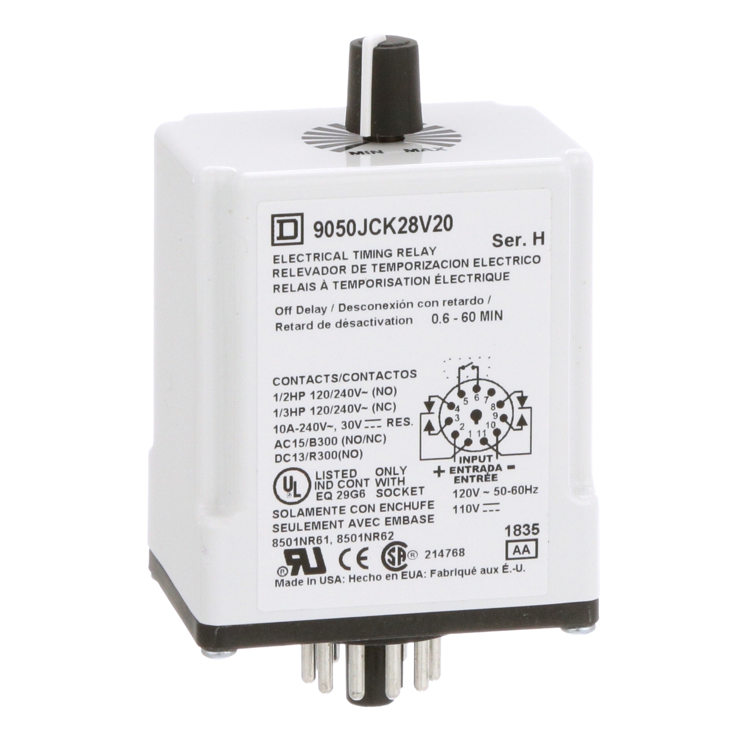 9050JCK28V20 Type JCK Adjustable Time Timing Relay, 0.6 to 60 min Setting, 240 V AC, 11 Pin, 2NO-2NC 2 Form C DPDT Contact
