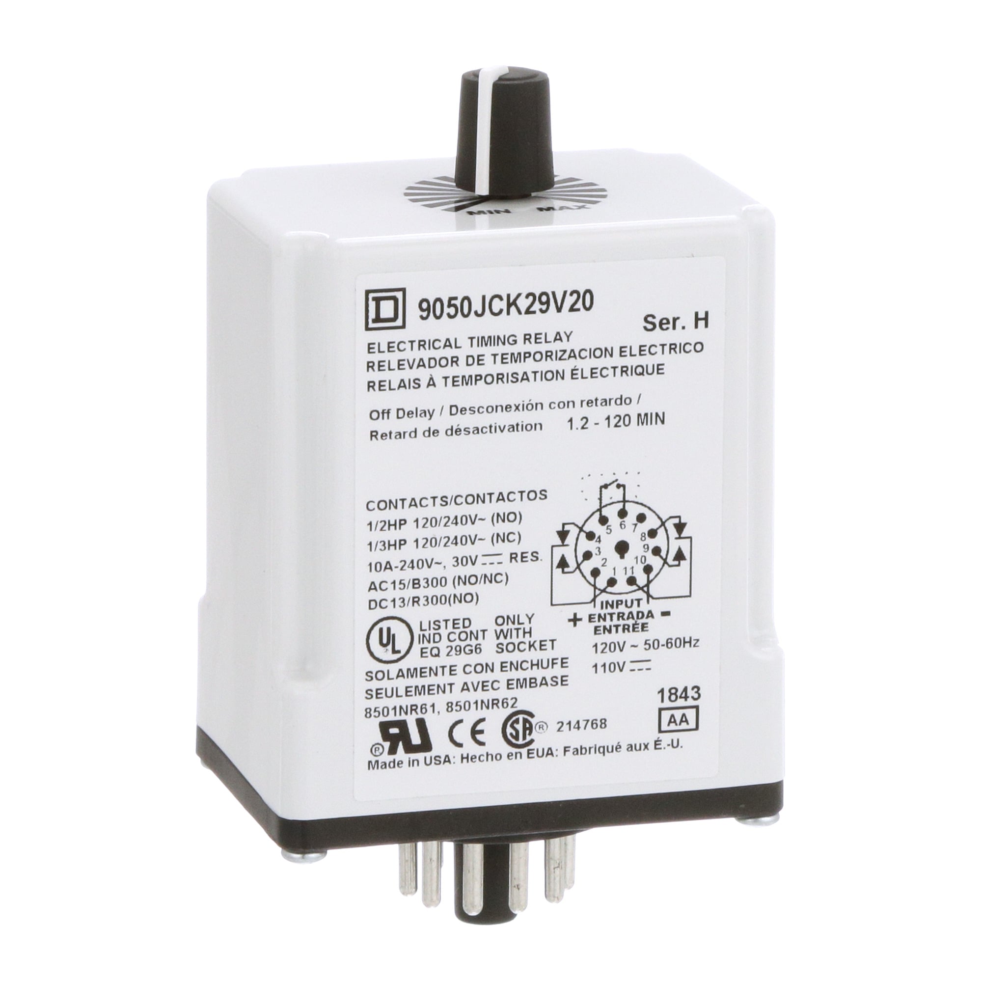 9050JCK29V20 Type JCK Class 9050 Electronic Adjustable Time Timing Relay, 1.2 to 120 min Setting, 240 V AC, 11 Pin, 2NO-2NC 2 Form C DPDT Contact