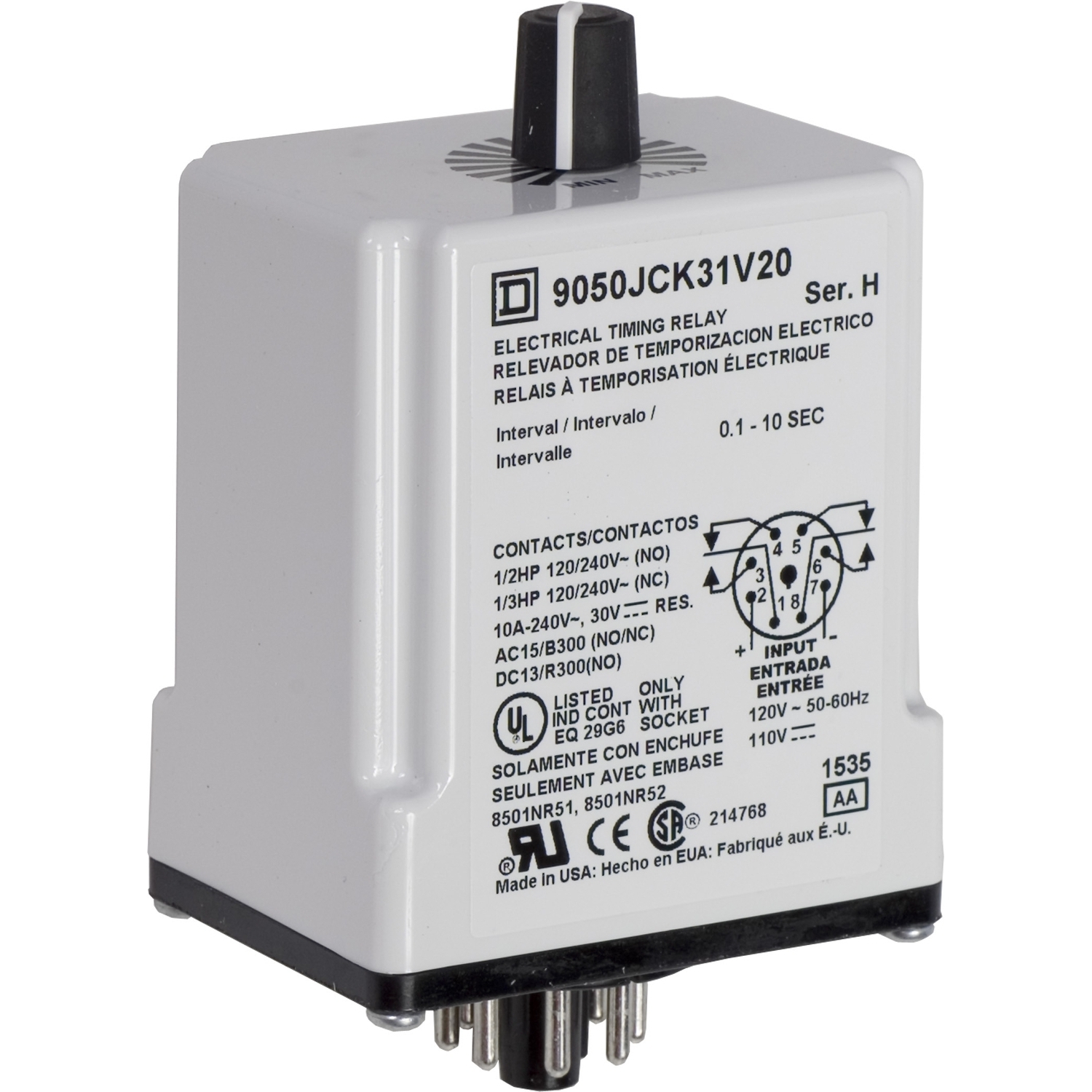 9050JCK31V20 Type JCK Adjustable Time Timer Relay, 0.1 to 10 s Setting, 240 V AC, 8 Pin, 2NO-2NC 2 Form C DPDT Contact