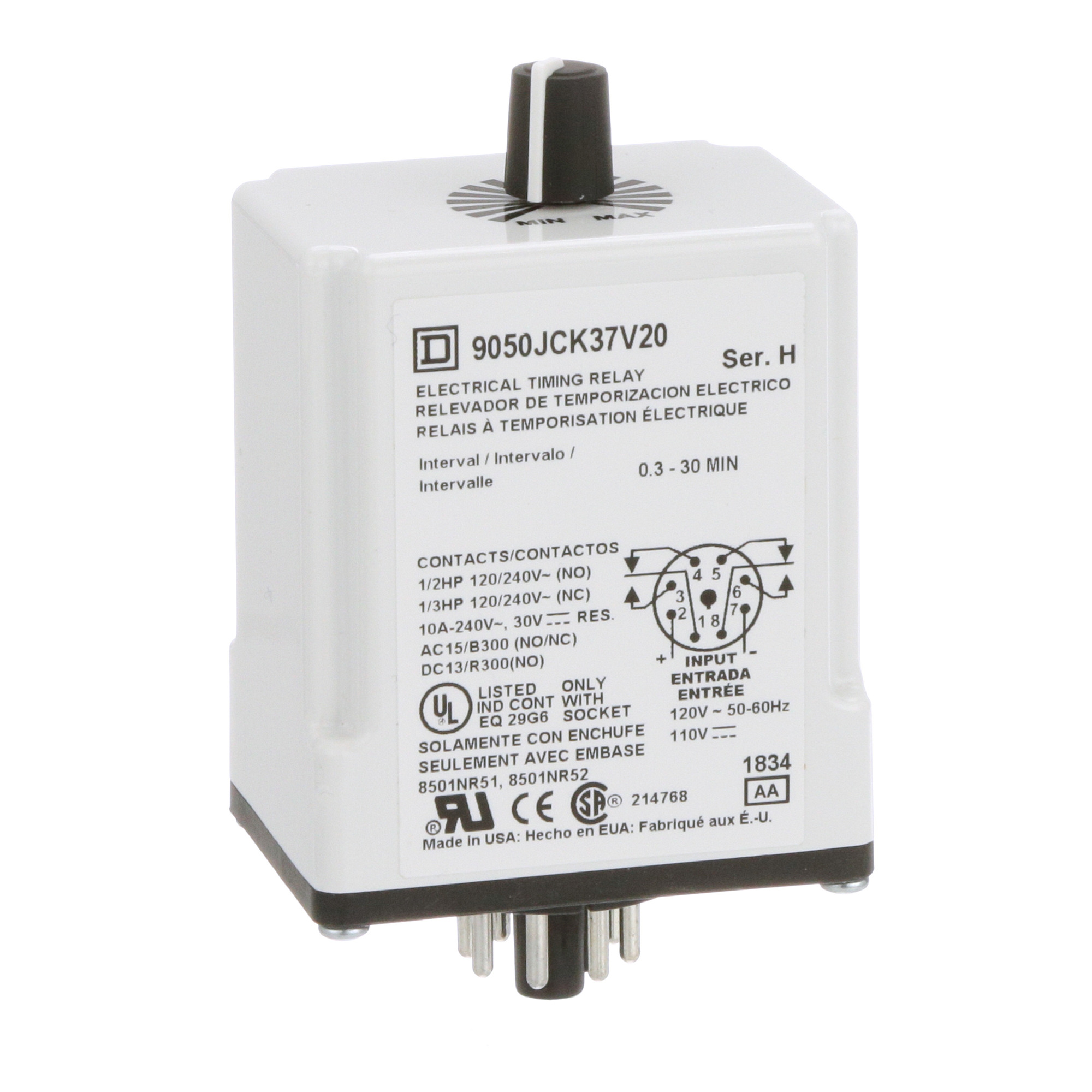 9050JCK37V20 Type JCK Timer Relay, 0.3 to 30 min Setting, 240 V AC, 8 Pin, 2NO-2NC 2 Form C DPDT Contact