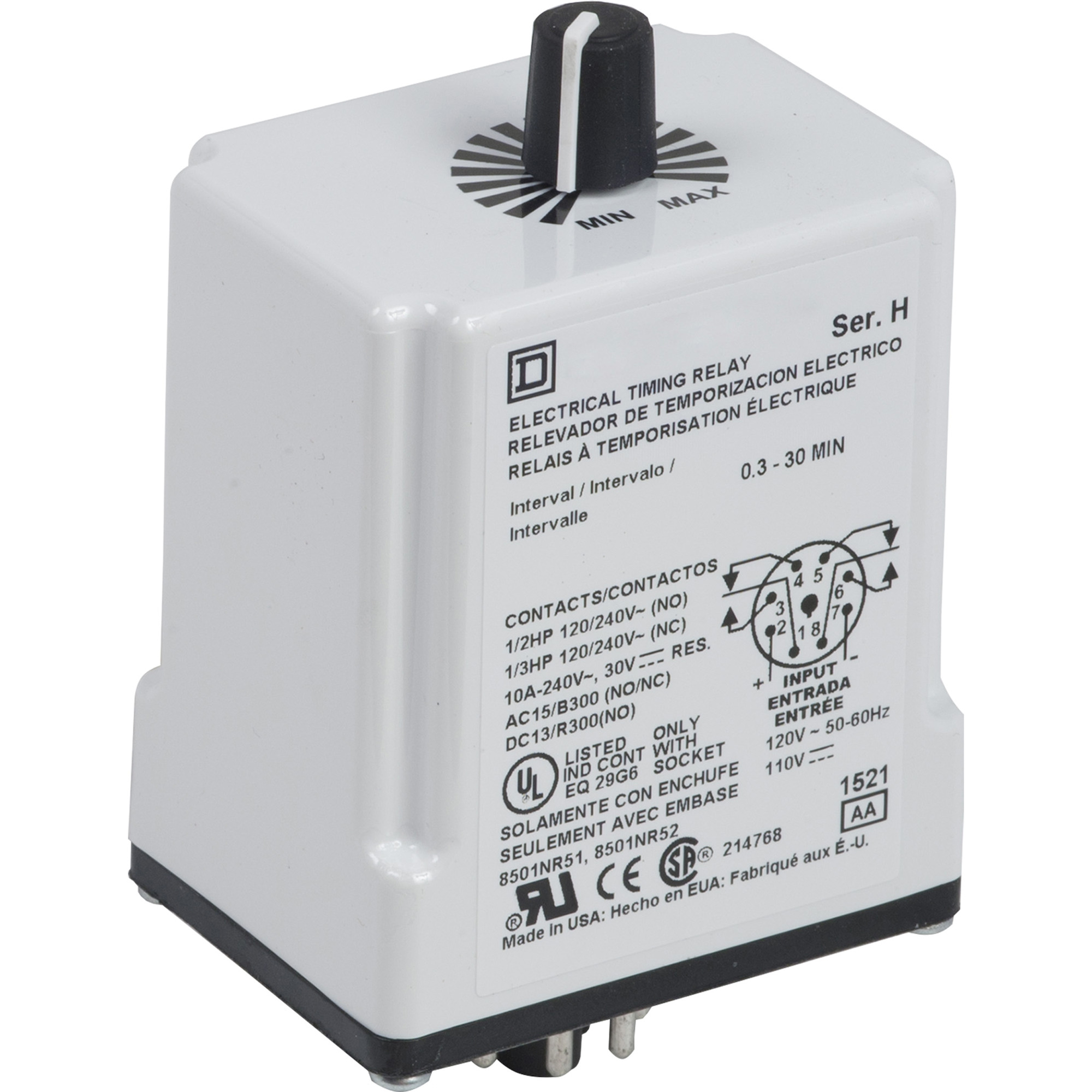 9050JCK41V20 Type JCK Adjustable Time Timer Relay, 0.1 to 10 s Setting, 240 V AC, 11 Pin, 2NO-2NC 2 Form C DPDT Contact