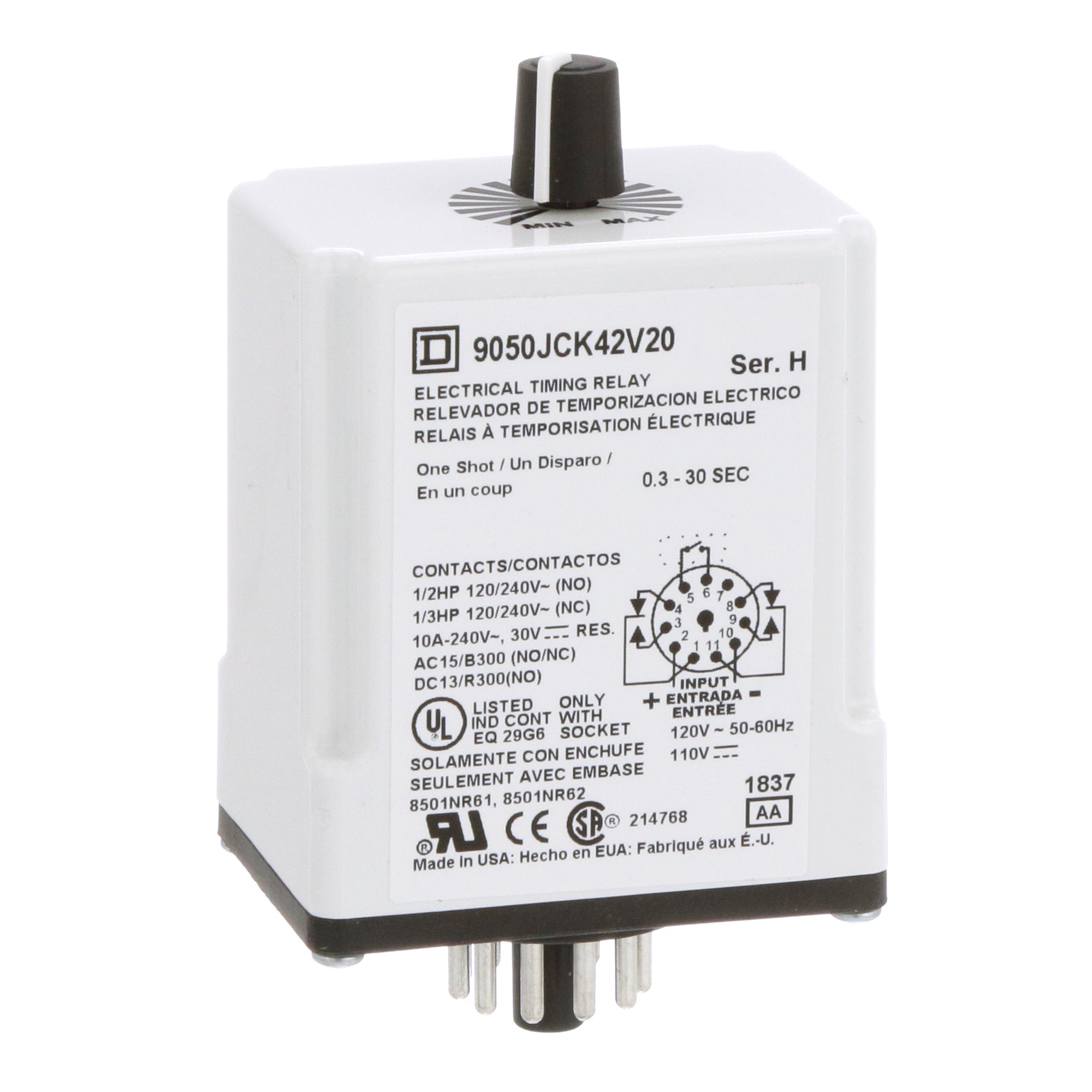 9050JCK42V20 Type JCK Class 9050 Electronic Timing Relay, 0.3 to 30 s Setting, 240 V AC, 11 Pin, 2NO-2NC 2 Form C DPDT Contact
