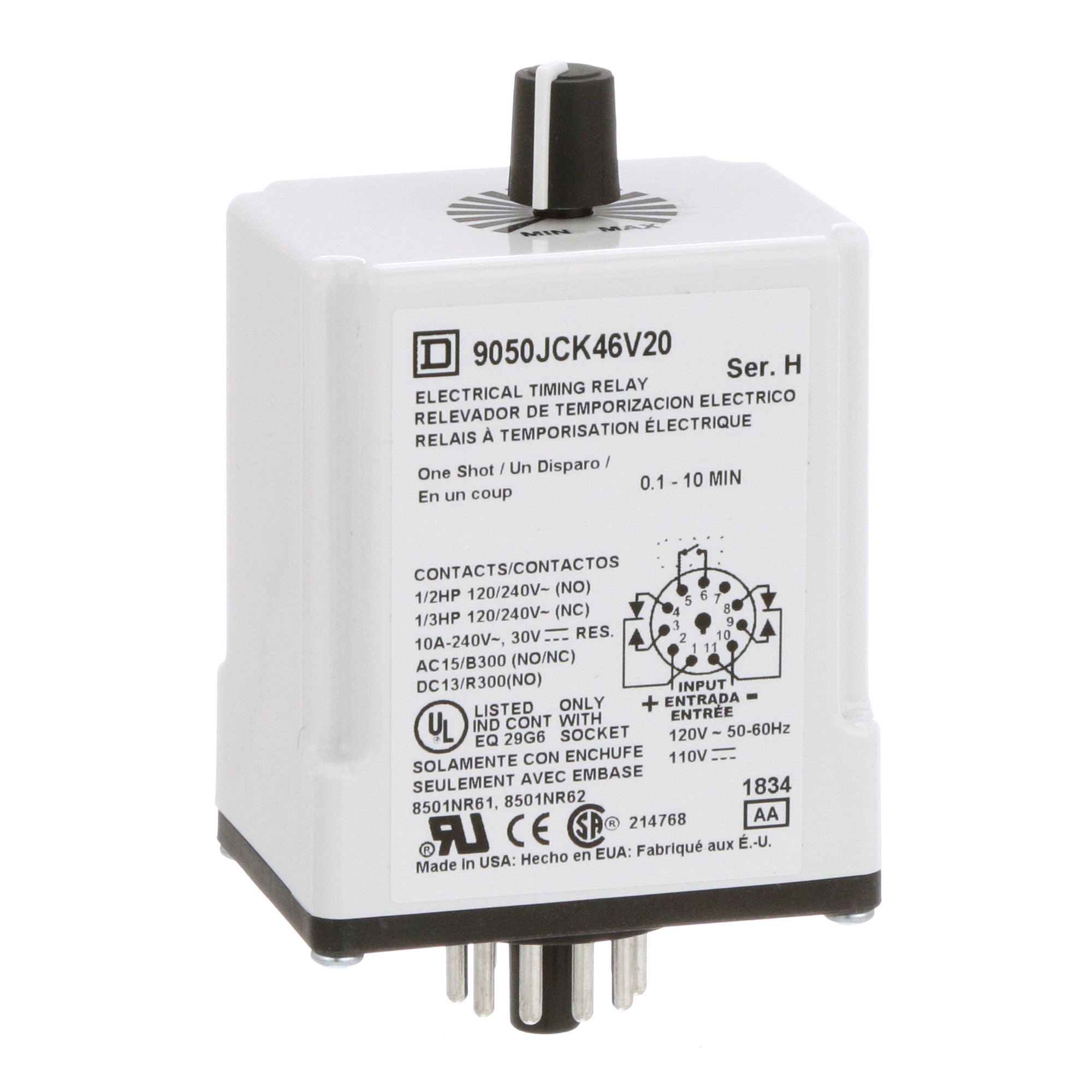 9050JCK46V20 Type JCK Timer Relay, 0.1 to 10 min Setting, 240 V AC, 11 Pin, 2NO-2NC 2 Form C DPDT Contact