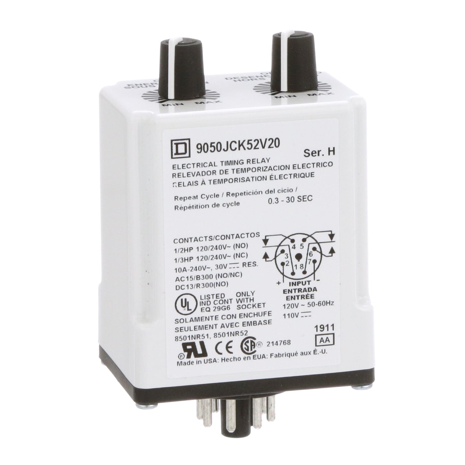 9050JCK52V20 Type JCK Class 9050 Electronic Timing Relay, 0.3 to 30 s Setting, 240 V AC, 8 Pin, 2NO-2NC 2 Form C DPDT Contact