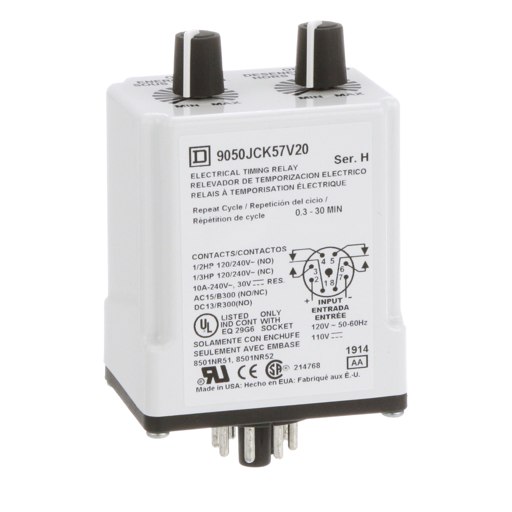 9050JCK57V20 Type JCK Adjustable Time Timer Relay, 0.3 to 30 min Setting, 240 V AC, 8 Pin, 2NO-2NC 2 Form C DPDT Contact