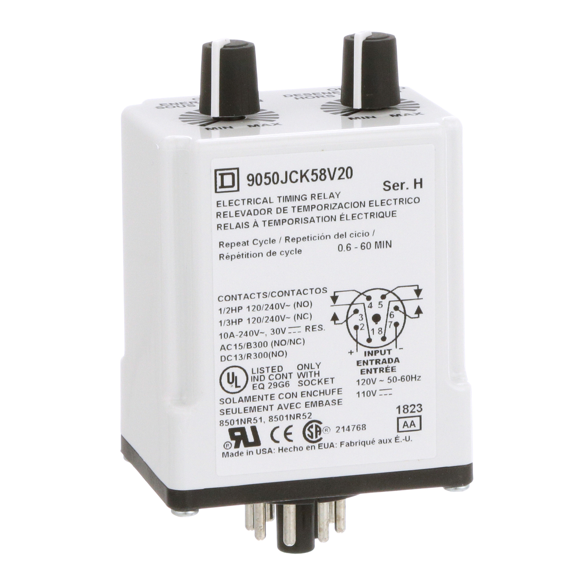 9050JCK58V20 9050CJK Type JCK Timer Relay, 0.6 to 60 min Setting, 240 V AC, 8 Pin, 2NO-2NC 2 Form C DPDT Contact