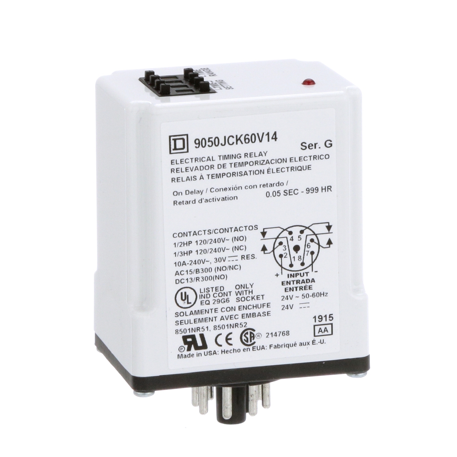 9050JCK60V14 Type JCK Timer Relay, 0.1 to 99.9 h Setting, 240 V AC, 8 Pin, 2NO-2NC 2 Form C DPDT Contact