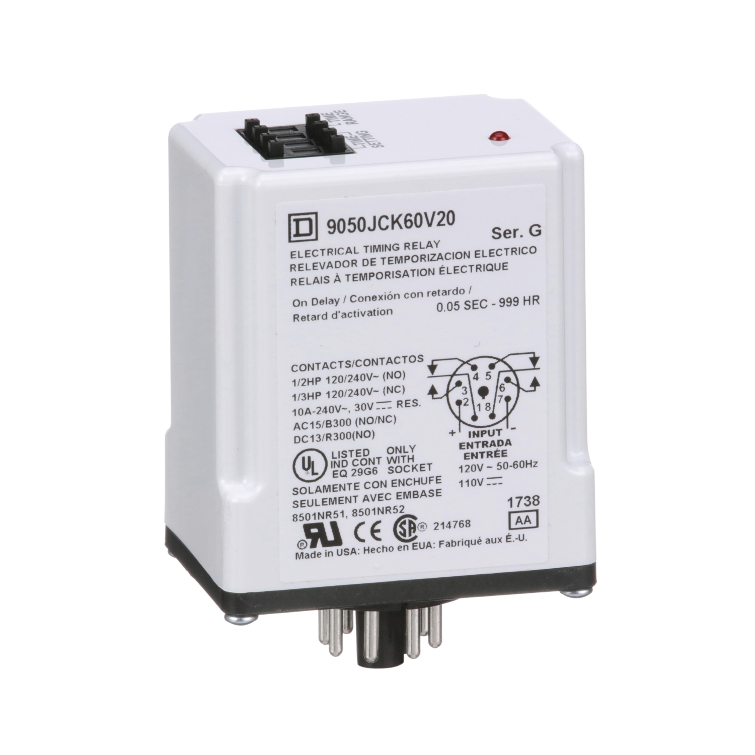 9050JCK60V20 Type JCK Timing Relay, 1 to 999 min Setting, 240 V AC, 8 Pin, 2NO-2NC 2 Form C DPDT Contact