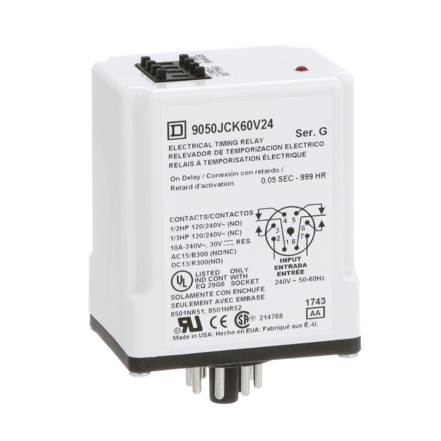 9050JCK60V24 9050CJK Type JCK Timer Relay, 0.1 to 99.9 hr Setting, 240 V AC, 8 Pin, 2NO-2NC 2 Form C DPDT Contact
